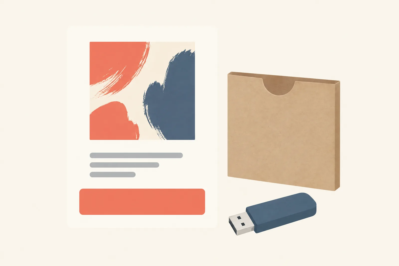 A kitchen nook still life of a software product arranged with a flat kraft sleeve, in coral, sand, slate, and cream.