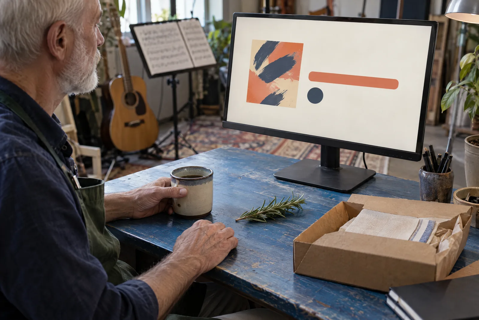 A man in his sixties with a close-cropped white beard in a green canvas apron at a rehearsal corner looks at a screen showing a delivery product for sale, with a sprig of rosemary beside them.