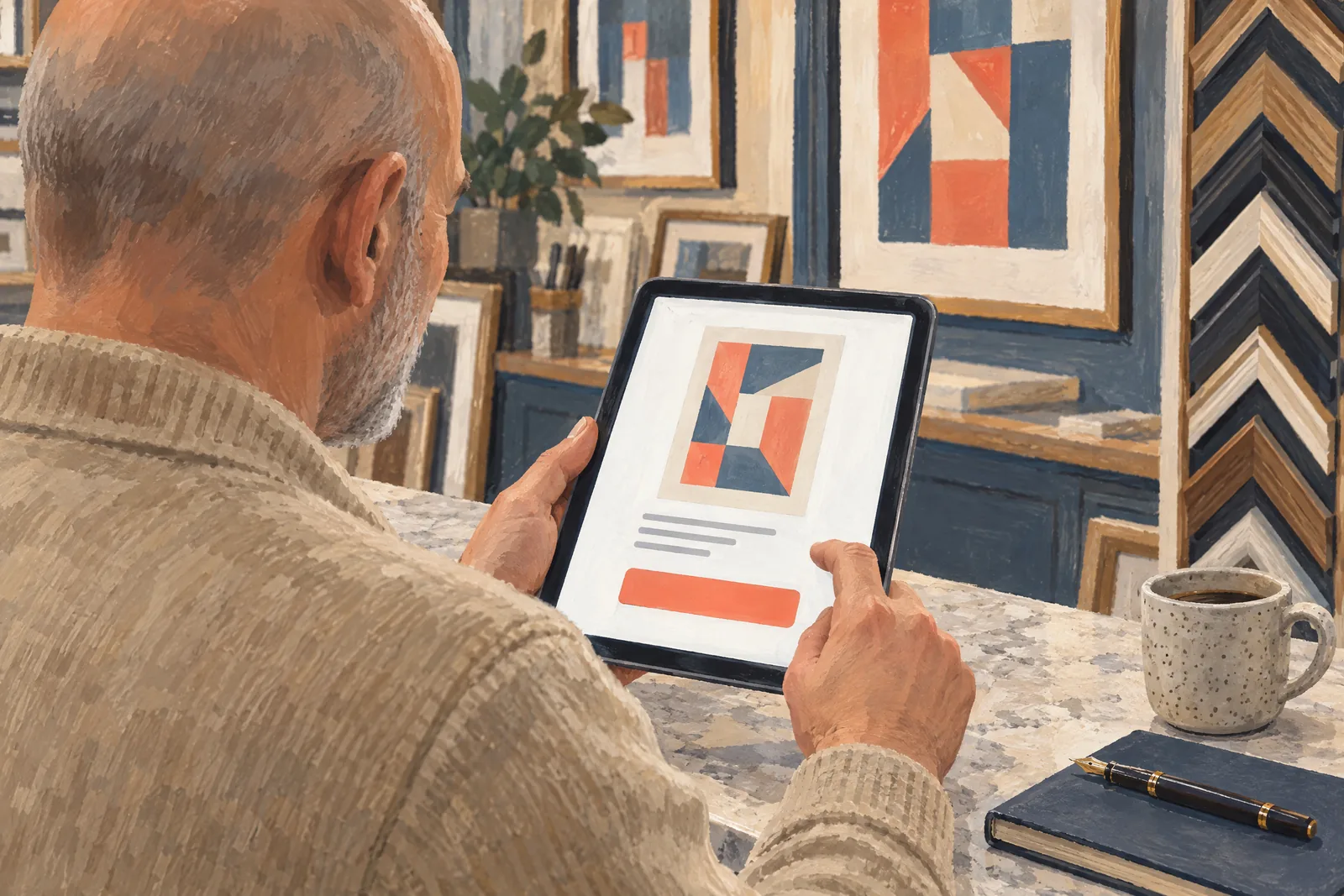 A bald man in his fifties with gray stubble in a sand cardigan at a frame shop looks at a screen showing a payment product for sale, with a speckled ceramic cup beside them.