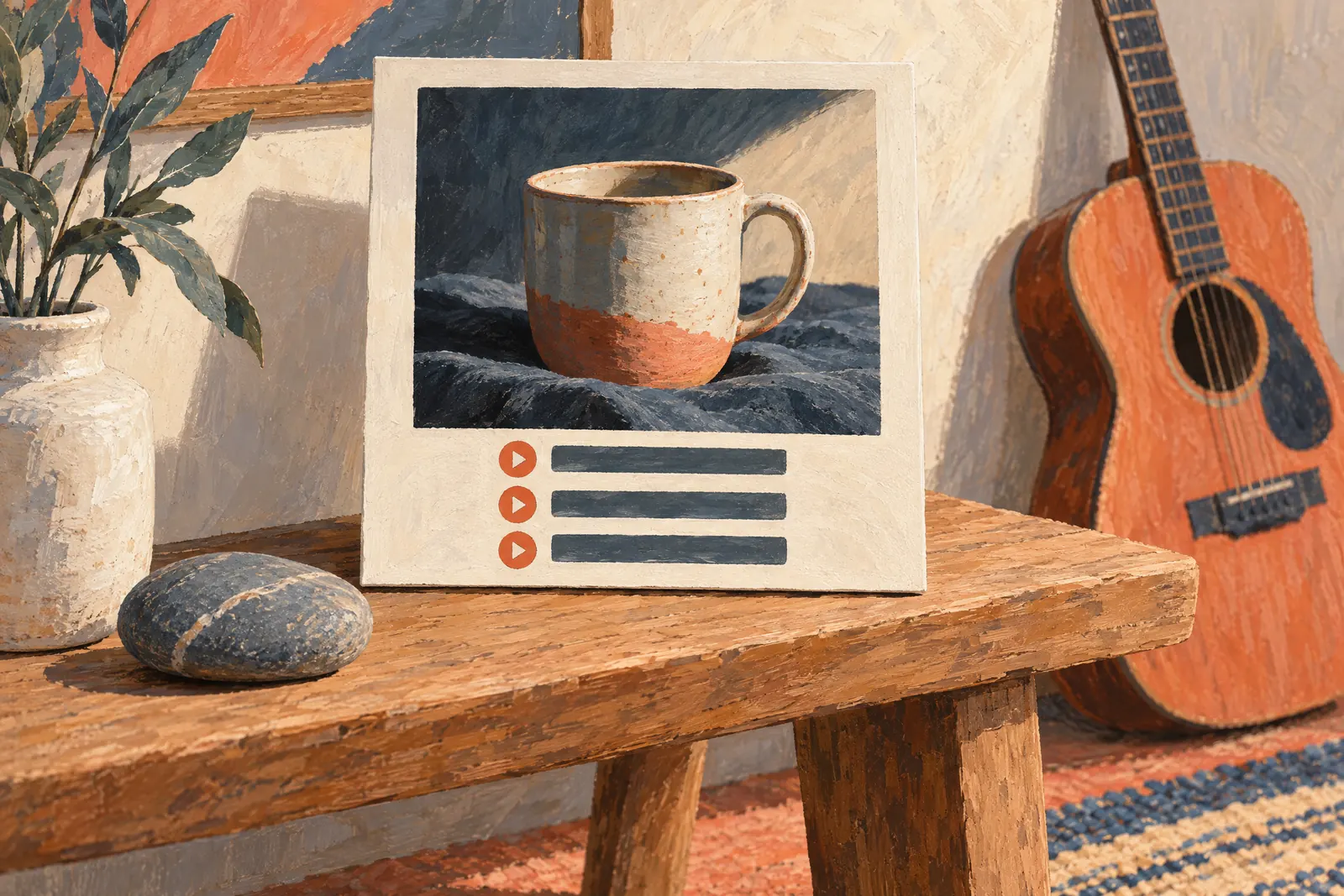 A paper studio still life of a music product arranged with a smooth river stone, in coral, sand, slate, and cream.
