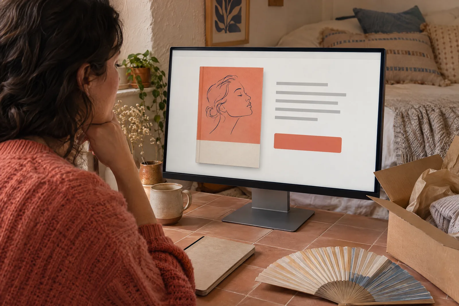 A woman in her thirties with dark wavy hair in a coral knit sweater at a bedroom alcove looks at a screen showing a delivery product for sale, with a paper fan beside them.