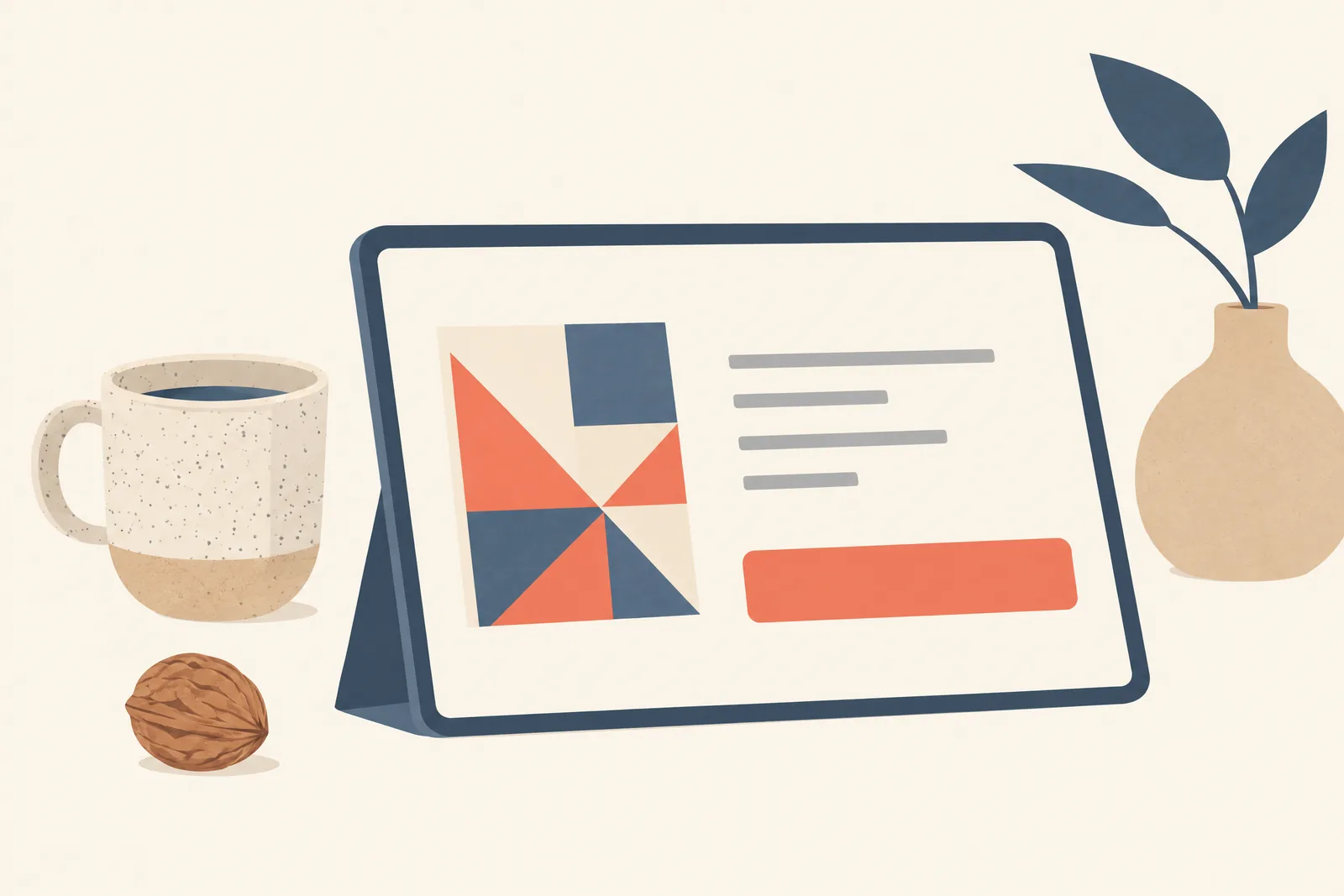 A library carrel still life of a general product arranged with a walnut, in coral, sand, slate, and cream.