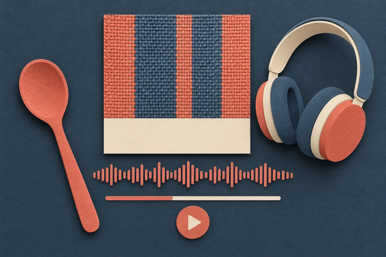 A train compartment still life of a audiobook product arranged with a wooden spoon, in coral, sand, slate, and cream.