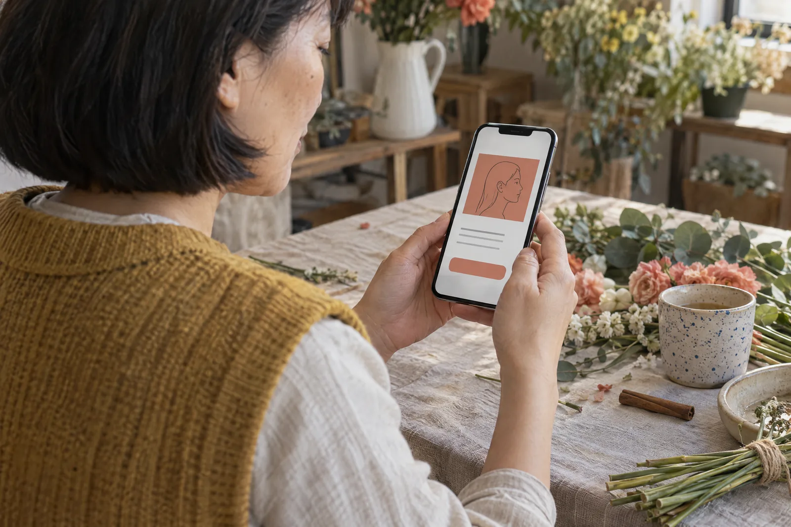 An east asian woman in her forties with a short bob in a mustard knit vest at a flower workroom looks at a screen showing a general product for sale, with a cinnamon stick beside them.