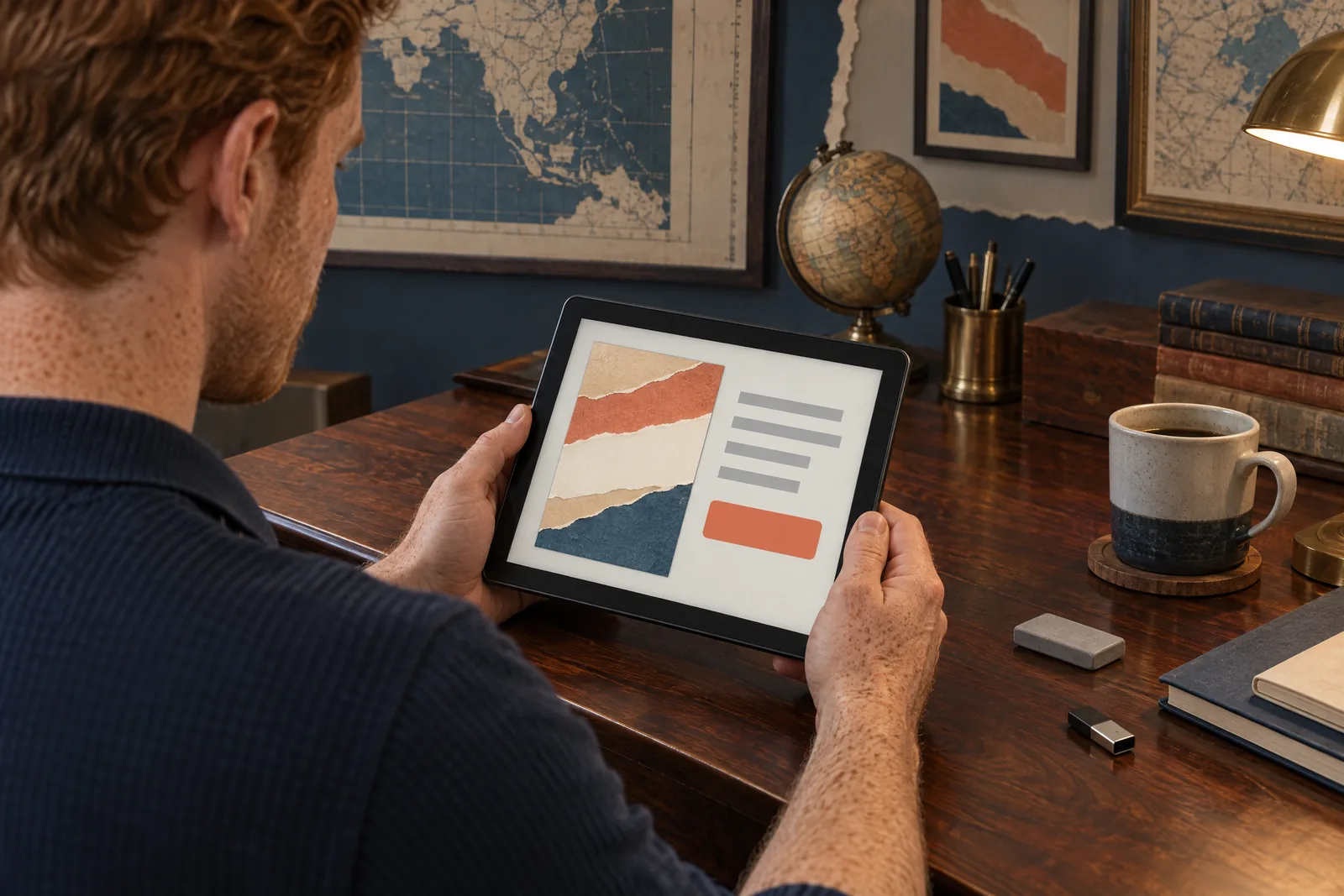 A man in his thirties with red hair and freckles in a navy knit polo at a map room looks at a screen showing a software product for sale, with a gray eraser beside them.