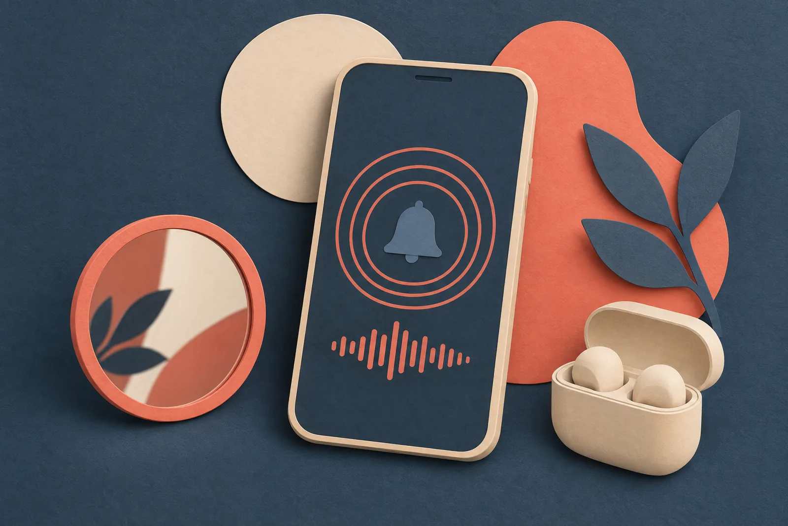 A conservatory still life of a ringtone product arranged with a small round mirror, in coral, sand, slate, and cream.