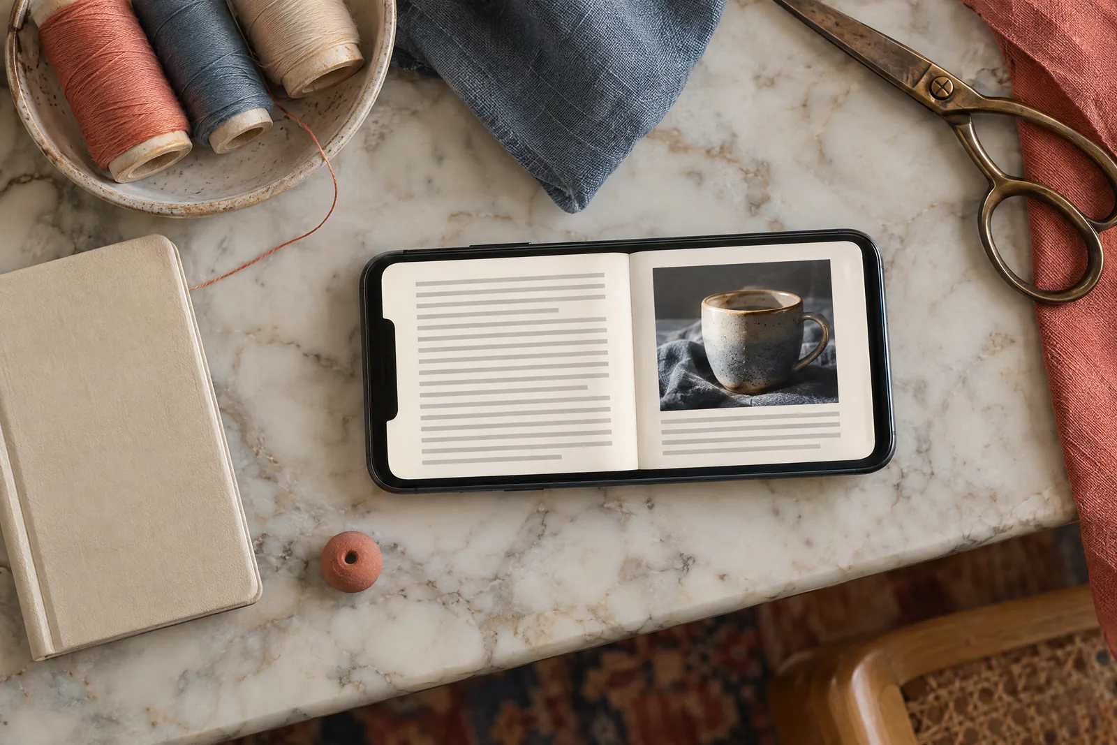 A sewing room still life of a ebook product arranged with a clay bead, in coral, sand, slate, and cream.