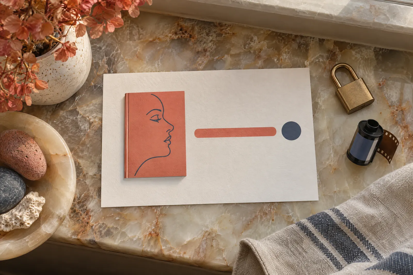 A sunroom still life of a video product arranged with a small brass padlock, in coral, sand, slate, and cream.
