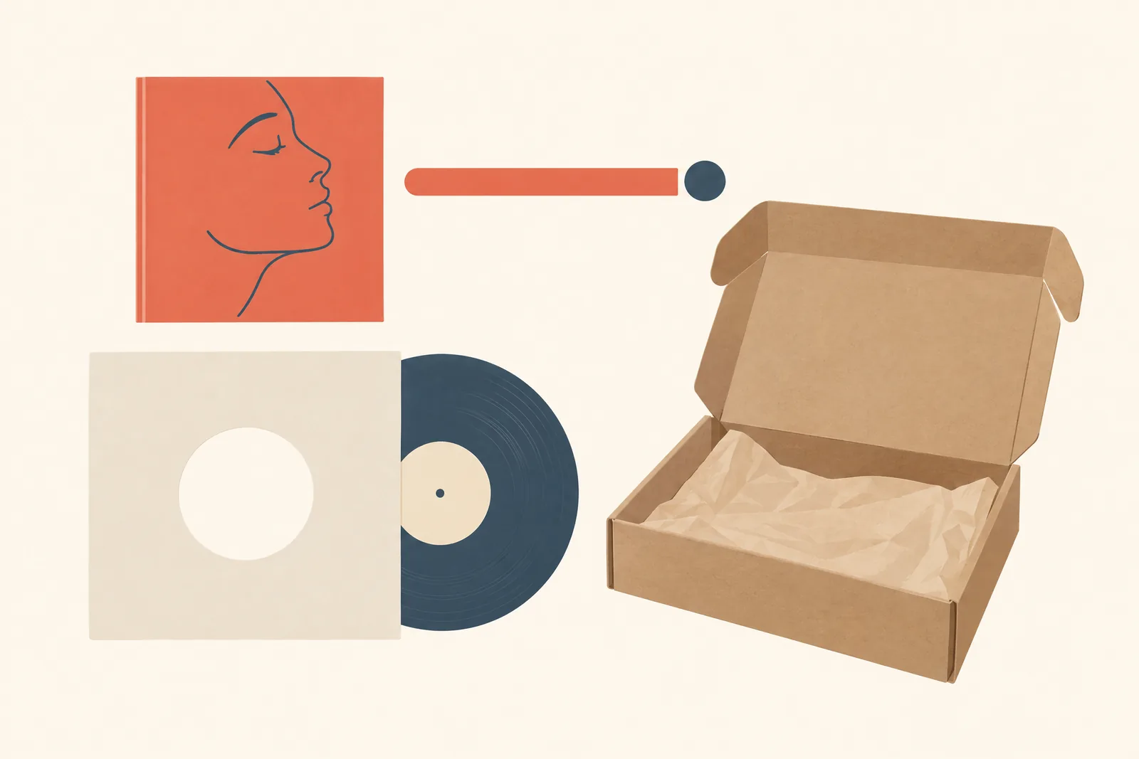 A clock shop still life of a delivery product arranged with a blank vinyl sleeve, in coral, sand, slate, and cream.
