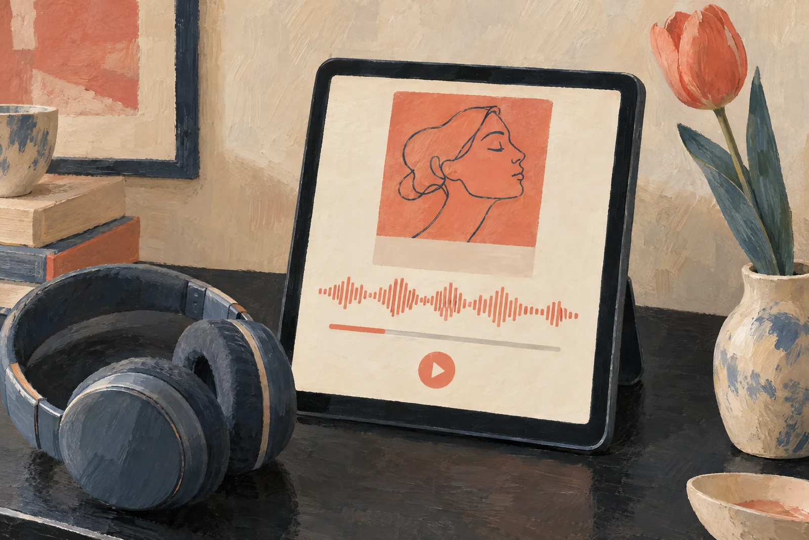 A editing bay still life of a audiobook product arranged with a single tulip, in coral, sand, slate, and cream.