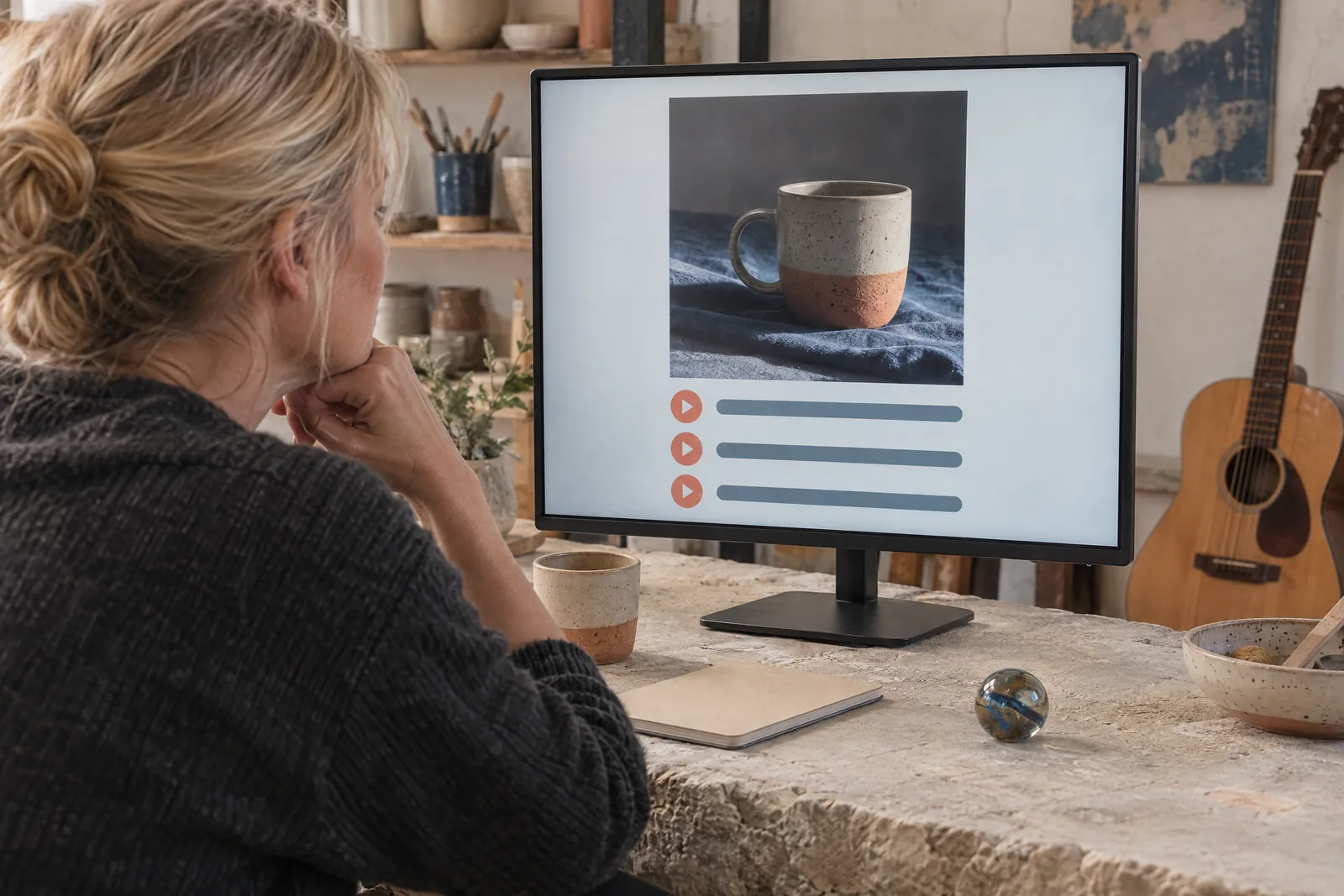 A woman in her forties with blonde hair tied back in a charcoal sweater at a clay studio looks at a screen showing a music product for sale, with a glass marble beside them.