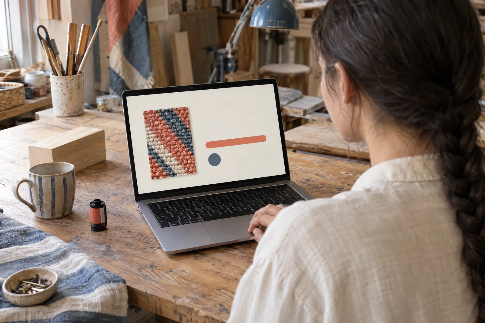 A woman in her twenties with a long dark braid in a cream linen shirt at a lamp workshop looks at a screen showing a video product for sale, with a pale wooden block beside them.