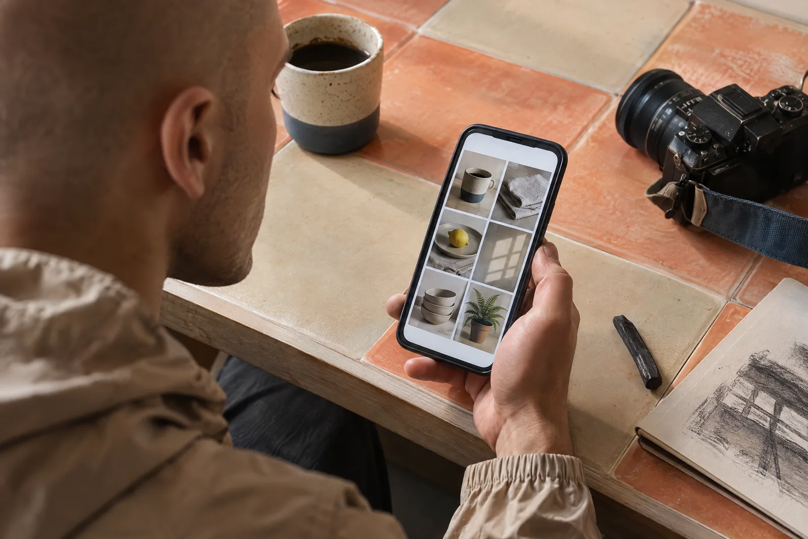 A man in his twenties with a shaved head in a sand rain jacket at a editing bay looks at a screen showing a photo product for sale, with a charcoal stick beside them.