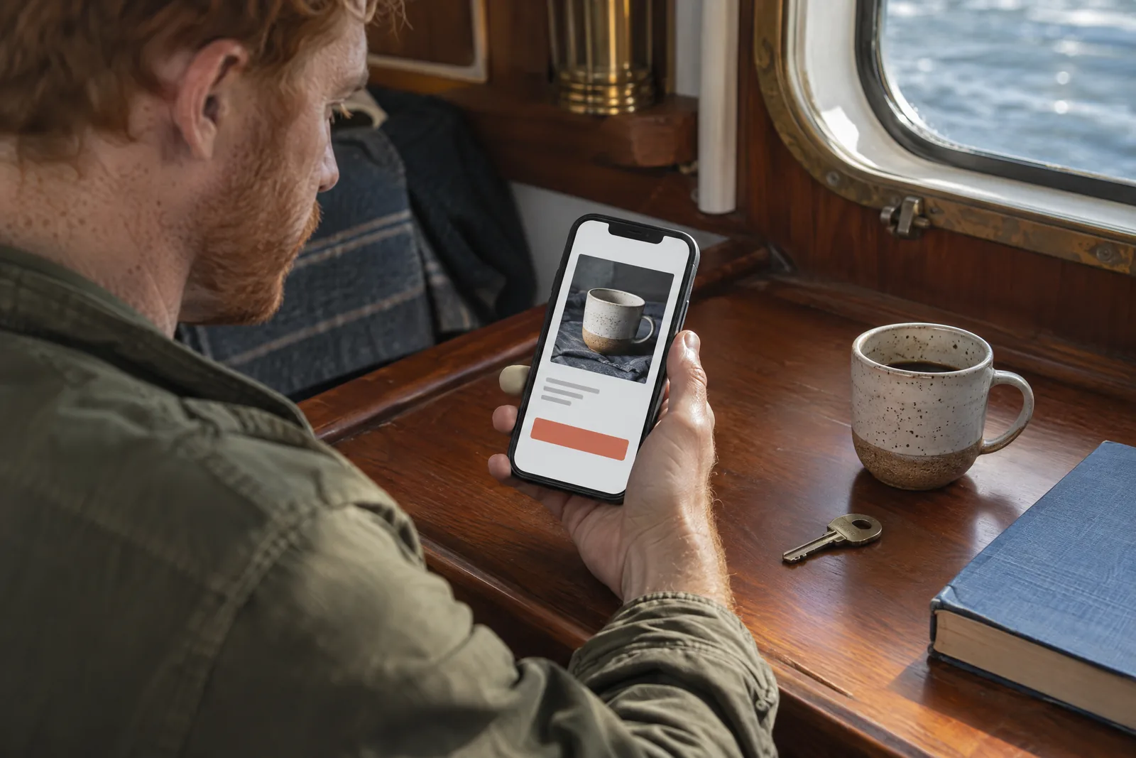 A man in his thirties with red hair and freckles in a olive field jacket at a boat cabin looks at a screen showing a general product for sale, with a house key beside them.