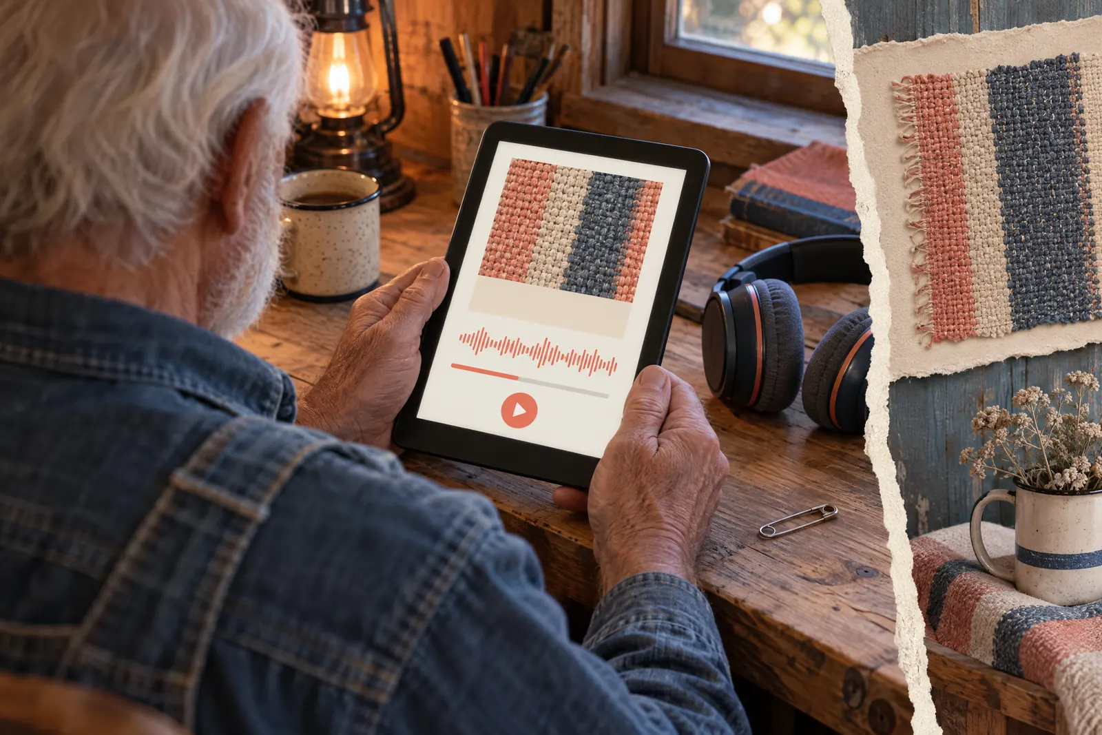 A man in his seventies with white hair in a denim overalls at a cabin desk looks at a screen showing a audiobook product for sale, with a safety pin beside them.