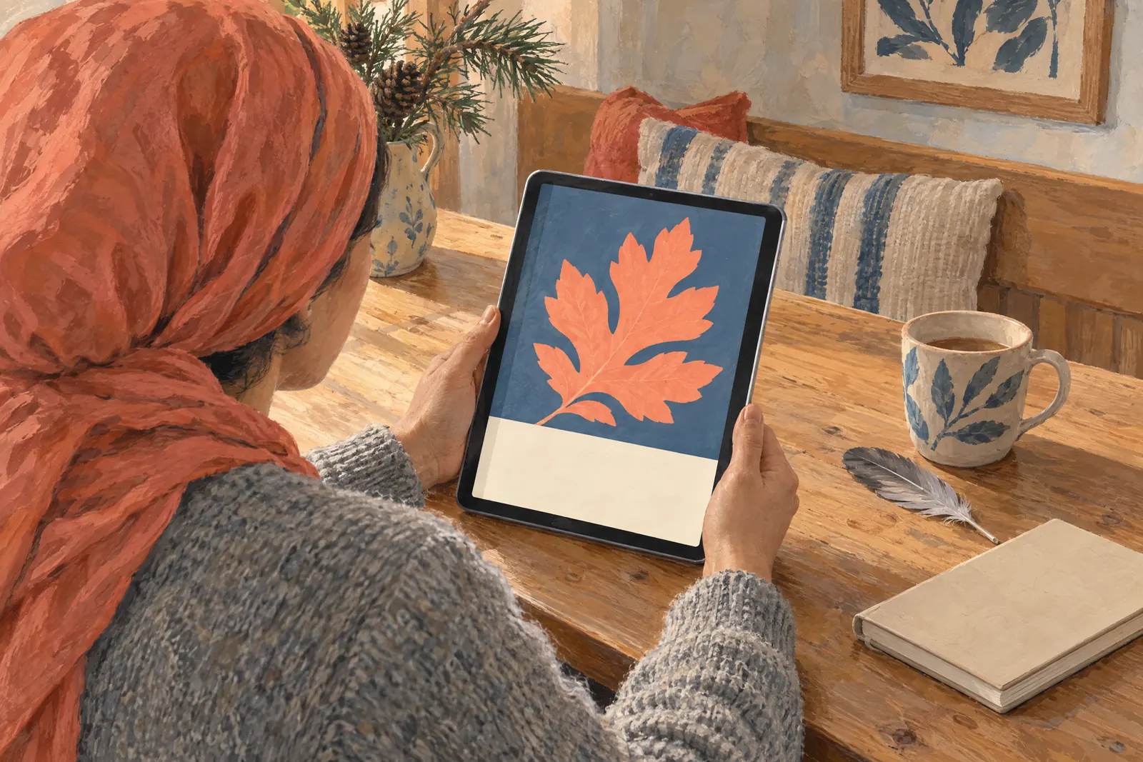 A woman in her thirties wearing a headscarf in a heather gray wool sweater at a dining alcove looks at a screen showing a ebook product for sale, with a gray feather beside them.