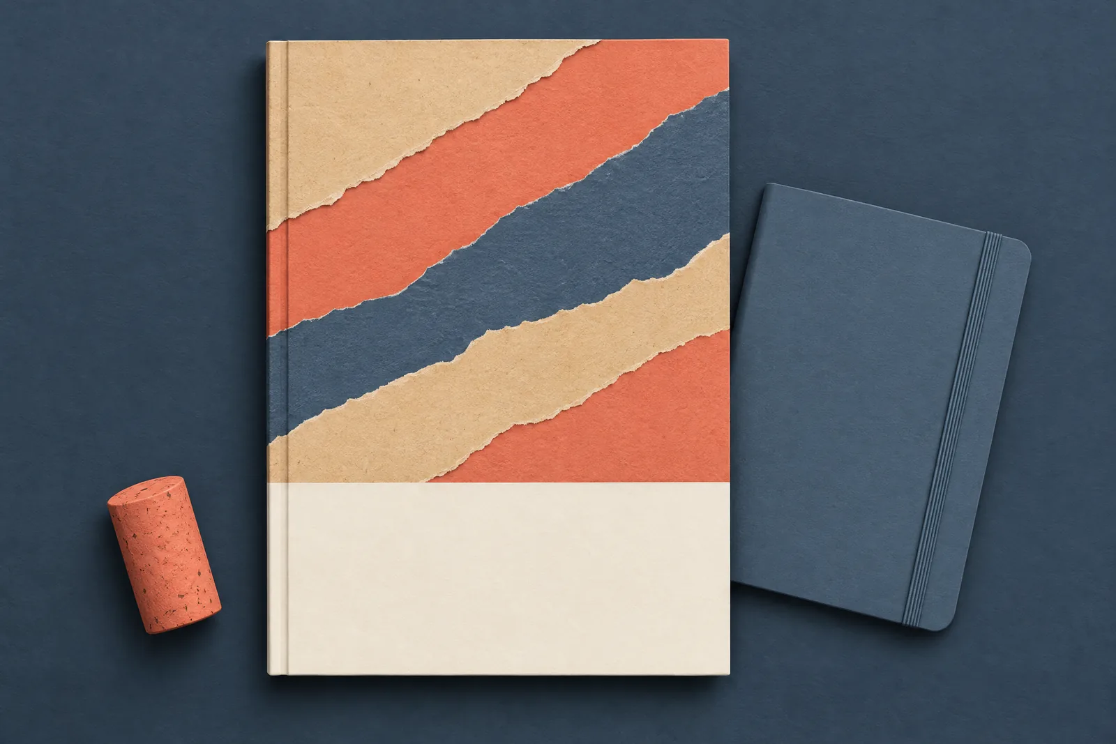 A glass balcony still life of a ebook product arranged with a cork, in coral, sand, slate, and cream.