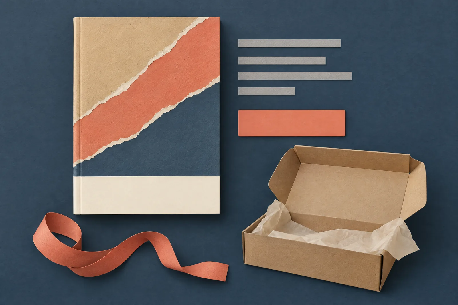 A rooftop room still life of a delivery product arranged with a coiled coral ribbon, in coral, sand, slate, and cream.