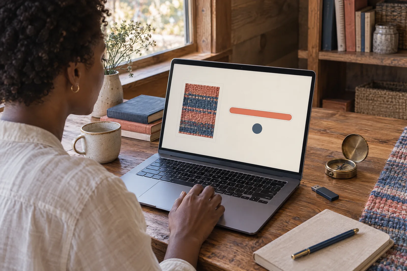A black woman in her twenties with short natural hair in a cream linen shirt at a writing cabin looks at a screen showing a software product for sale, with a brass compass beside them.