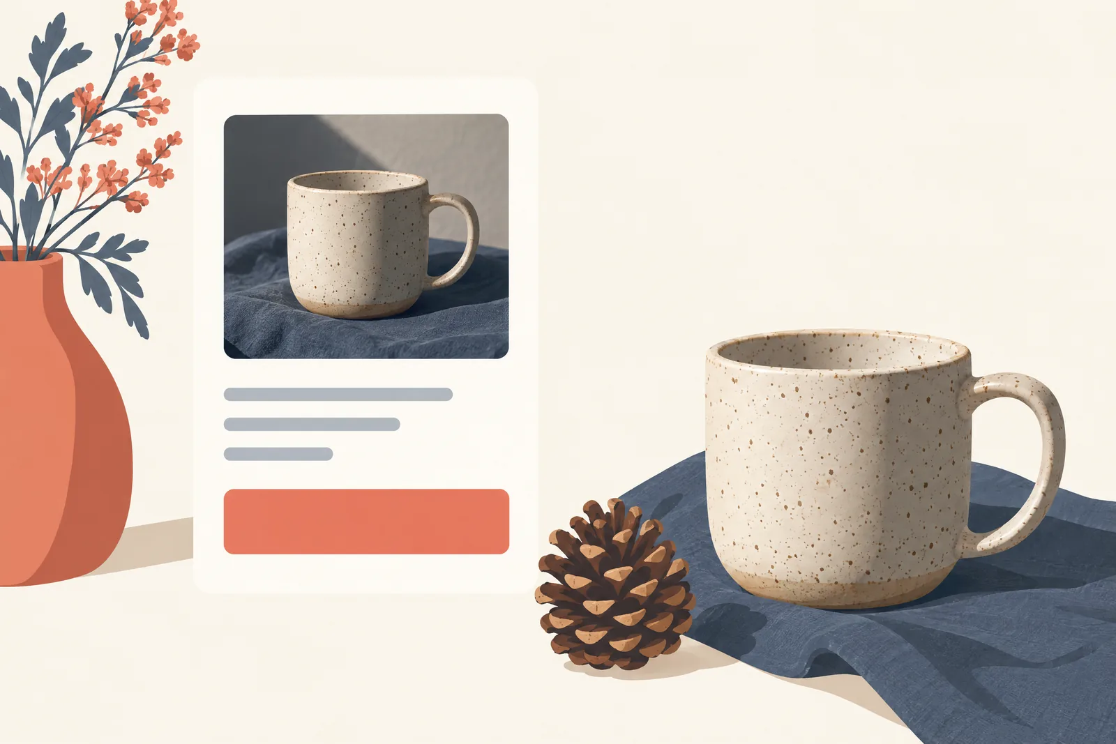 A craft barn still life of a general product arranged with a pinecone, in coral, sand, slate, and cream.