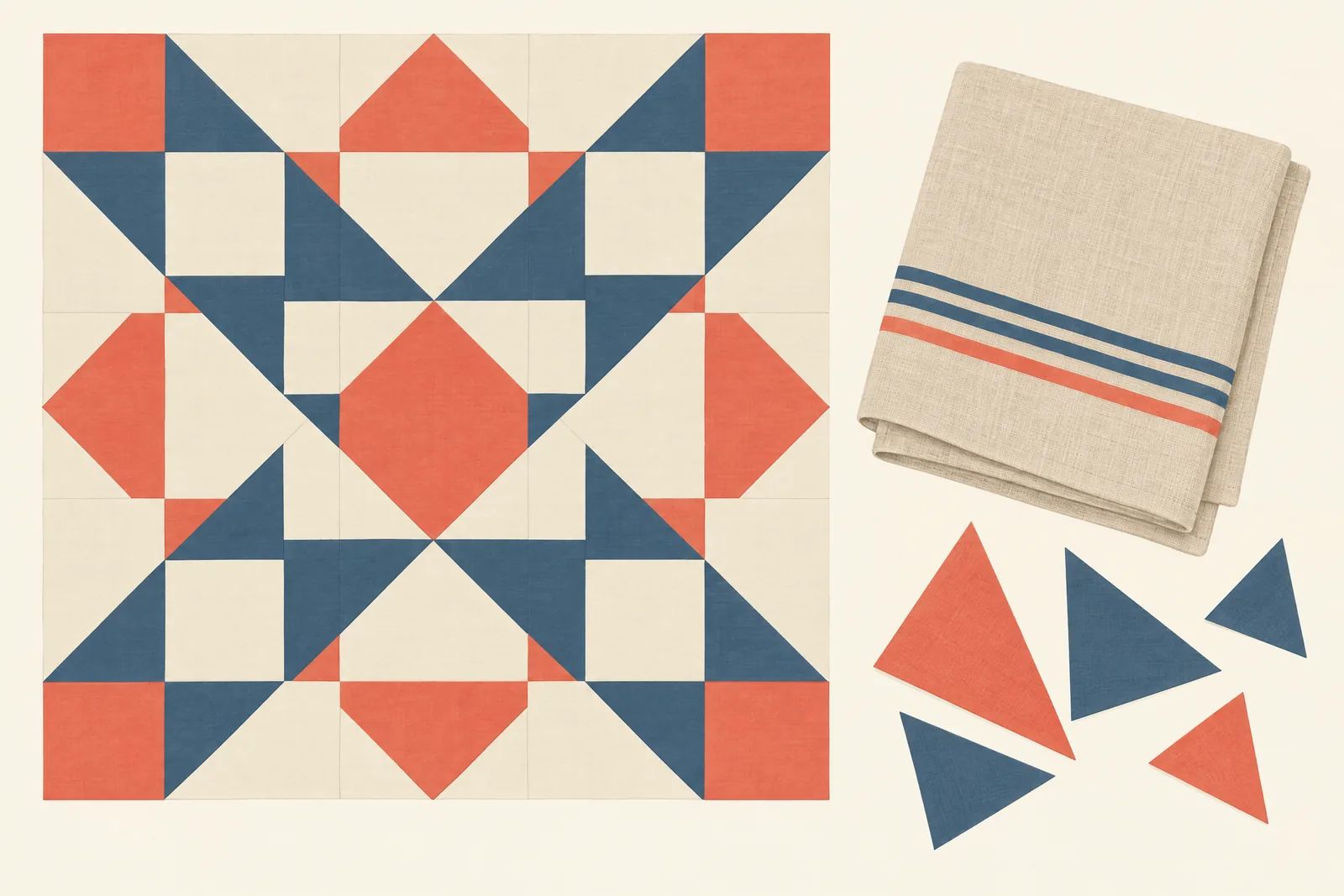A sewing room still life of a craft product arranged with a folded linen napkin, in coral, sand, slate, and cream.