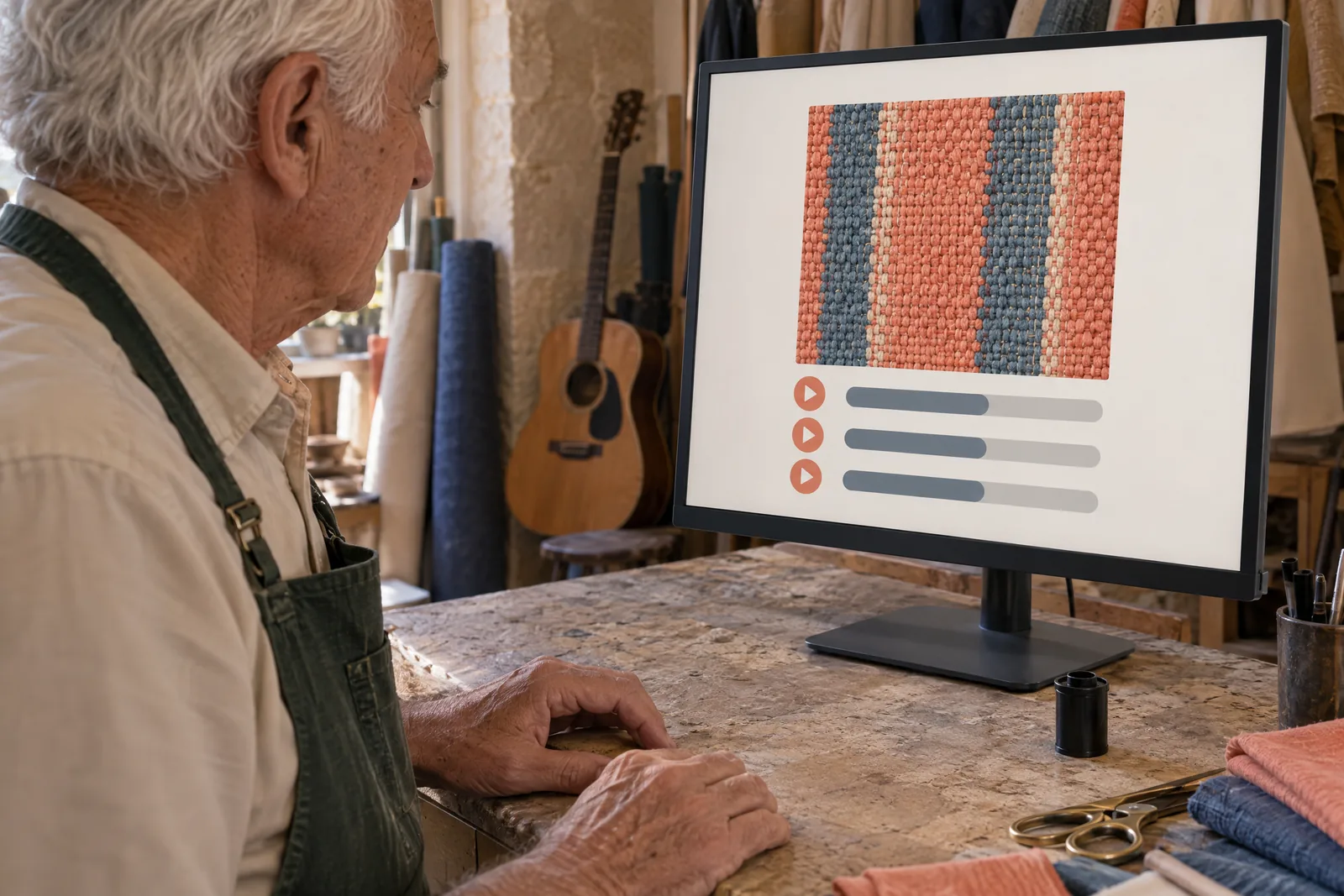 A man in his seventies with white hair in a green canvas apron at a tailor shop looks at a screen showing a music product for sale, with a black film canister beside them.