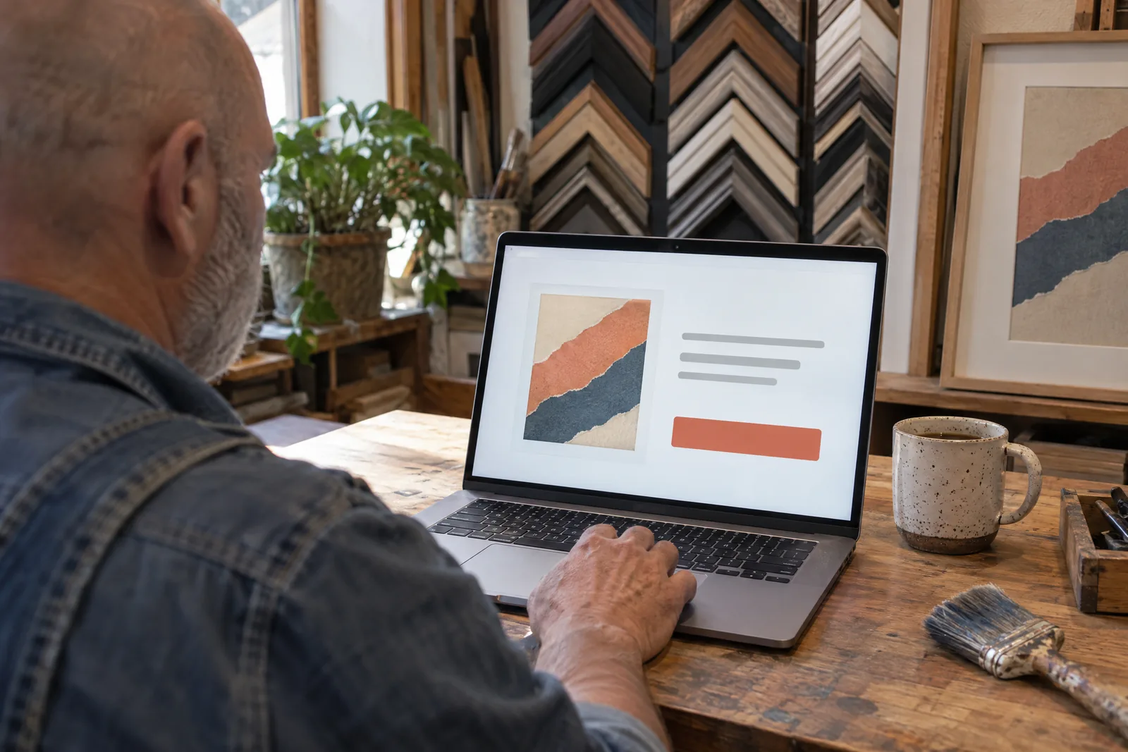 A bald man in his fifties with gray stubble in a denim overalls at a frame shop looks at a screen showing a general product for sale, with a wide paintbrush beside them.