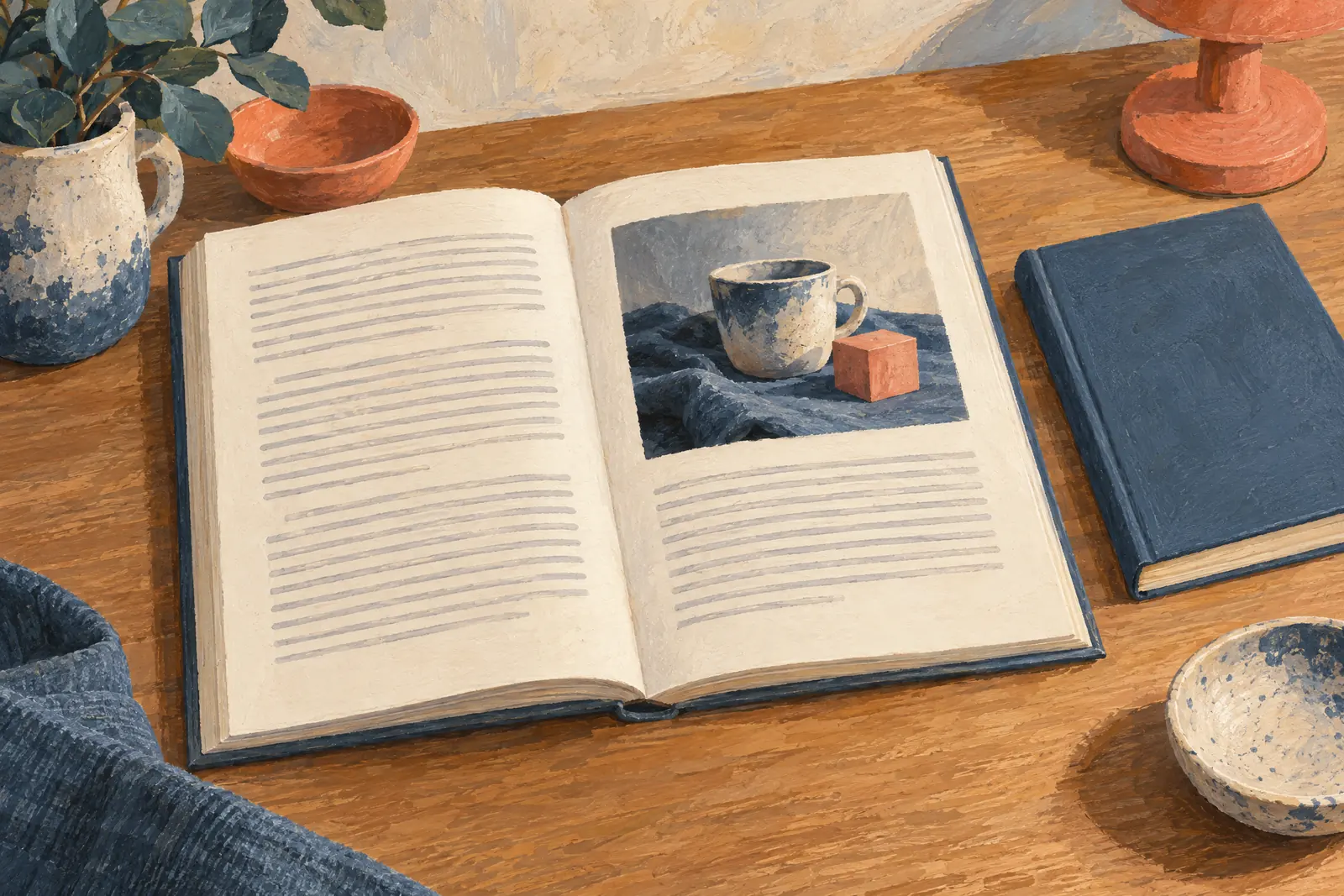 A garage workshop still life of a ebook product arranged with a coral wooden cube, in coral, sand, slate, and cream.