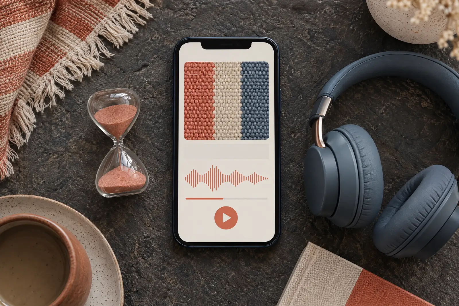 A attic studio still life of a audiobook product arranged with a small hourglass, in coral, sand, slate, and cream.