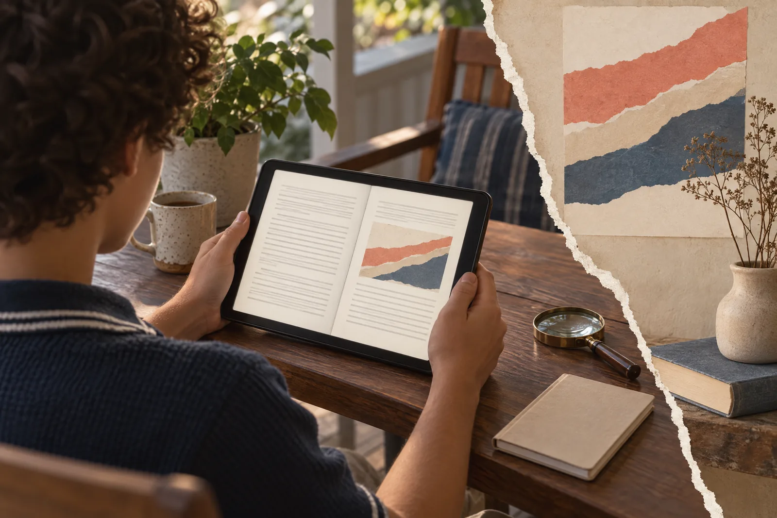 A teenager with curly hair in a navy knit polo at a covered porch looks at a screen showing a ebook product for sale, with a magnifying glass beside them.