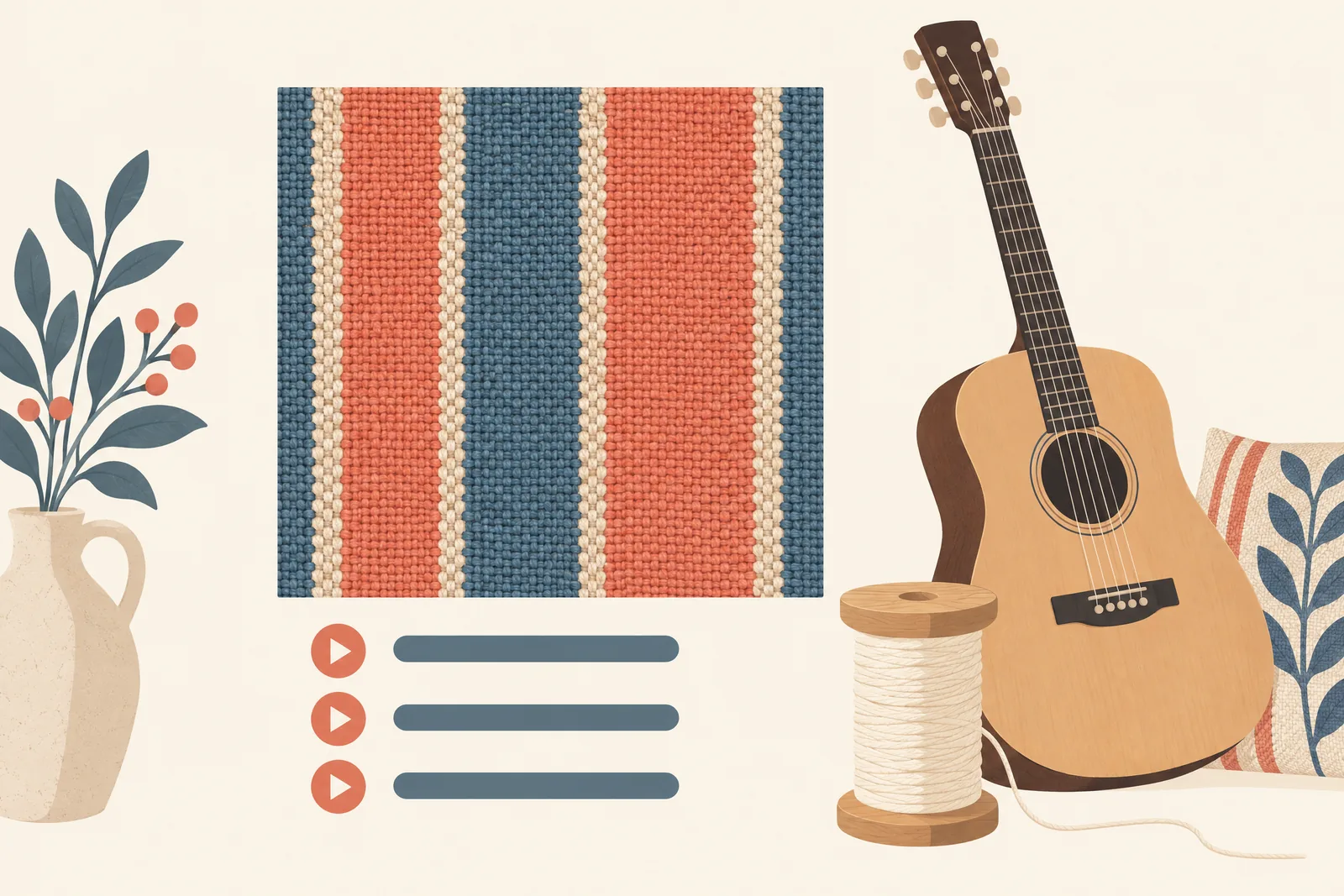A bookstore office still life of a music product arranged with a wooden spool of cream thread, in coral, sand, slate, and cream.