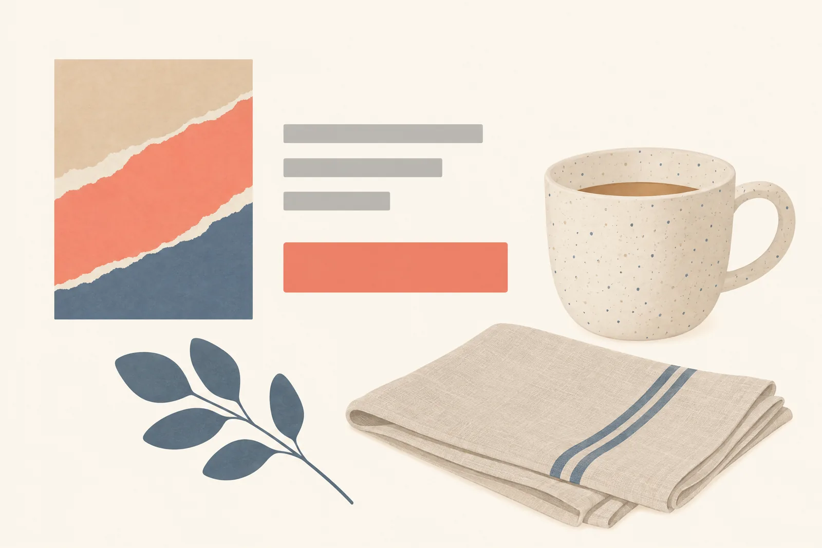 A print studio still life of a general product arranged with a folded linen napkin, in coral, sand, slate, and cream.