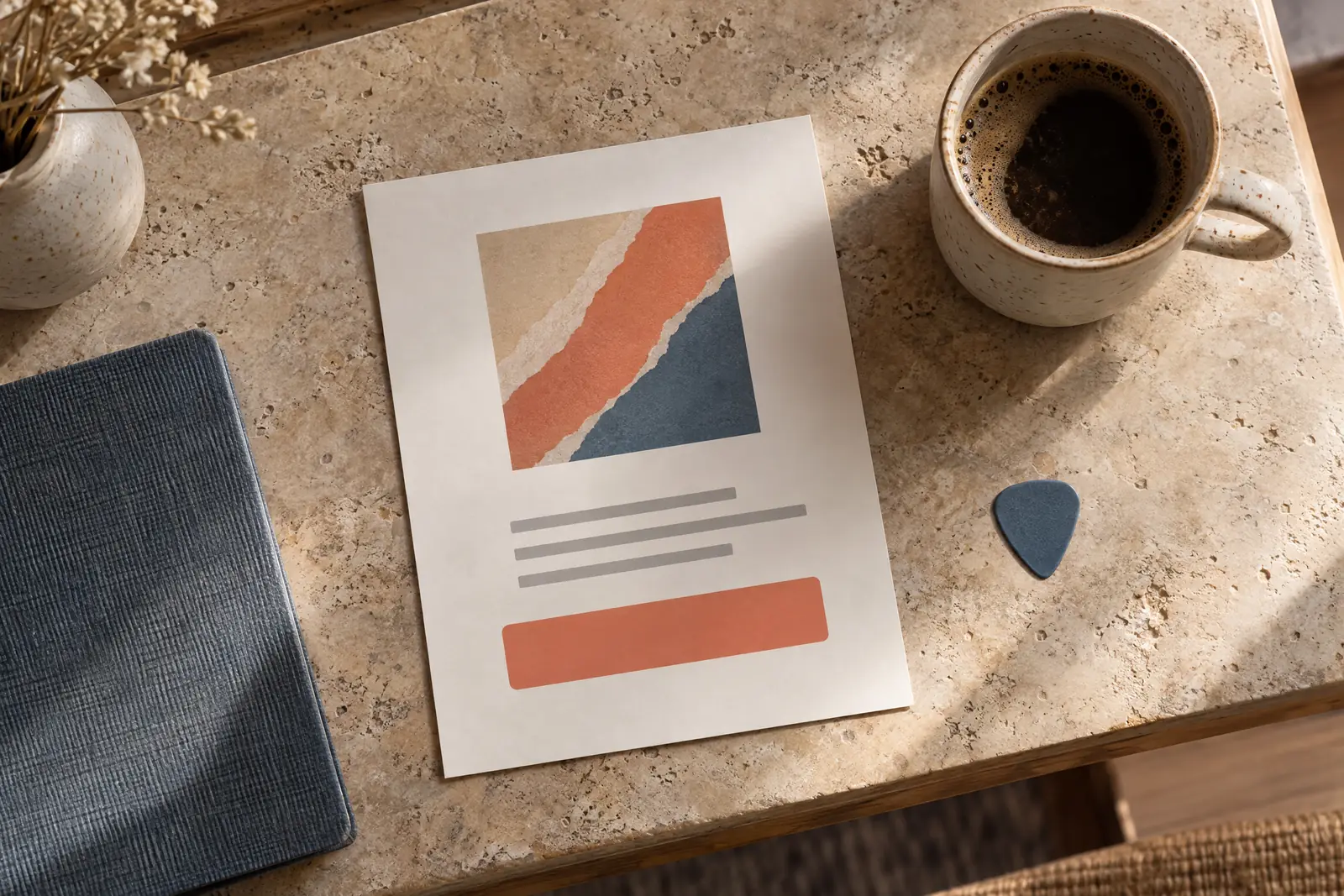 A writing cabin still life of a general product arranged with a guitar pick, in coral, sand, slate, and cream.