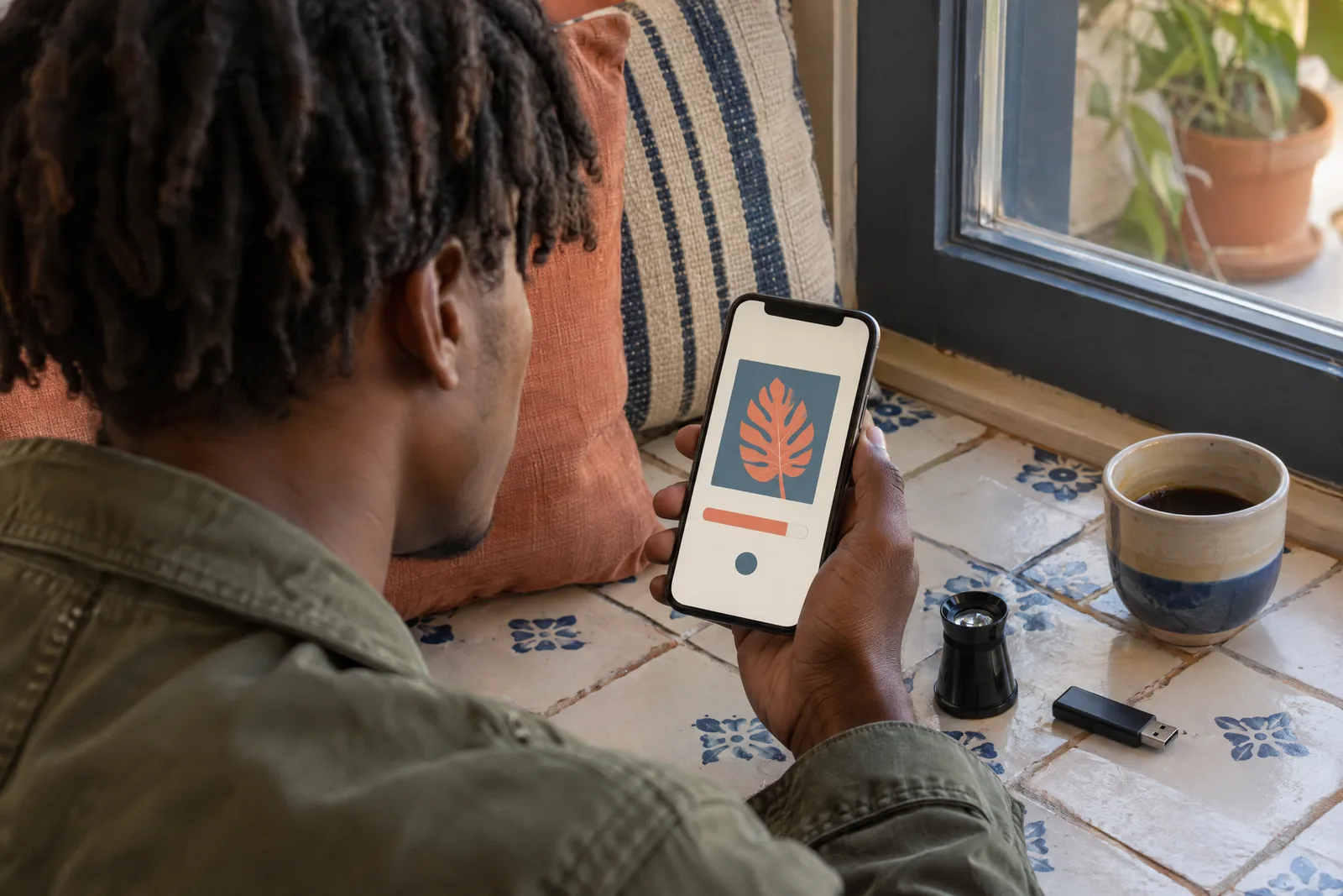 A young man with short locs in a olive field jacket at a window seat looks at a screen showing a software product for sale, with a film loupe beside them.