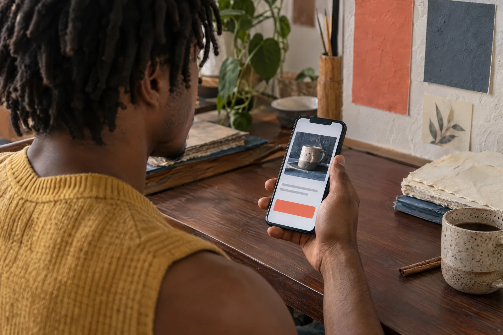 A young man with short locs in a mustard knit vest at a paper studio looks at a screen showing a general product for sale, with a cinnamon stick beside them.
