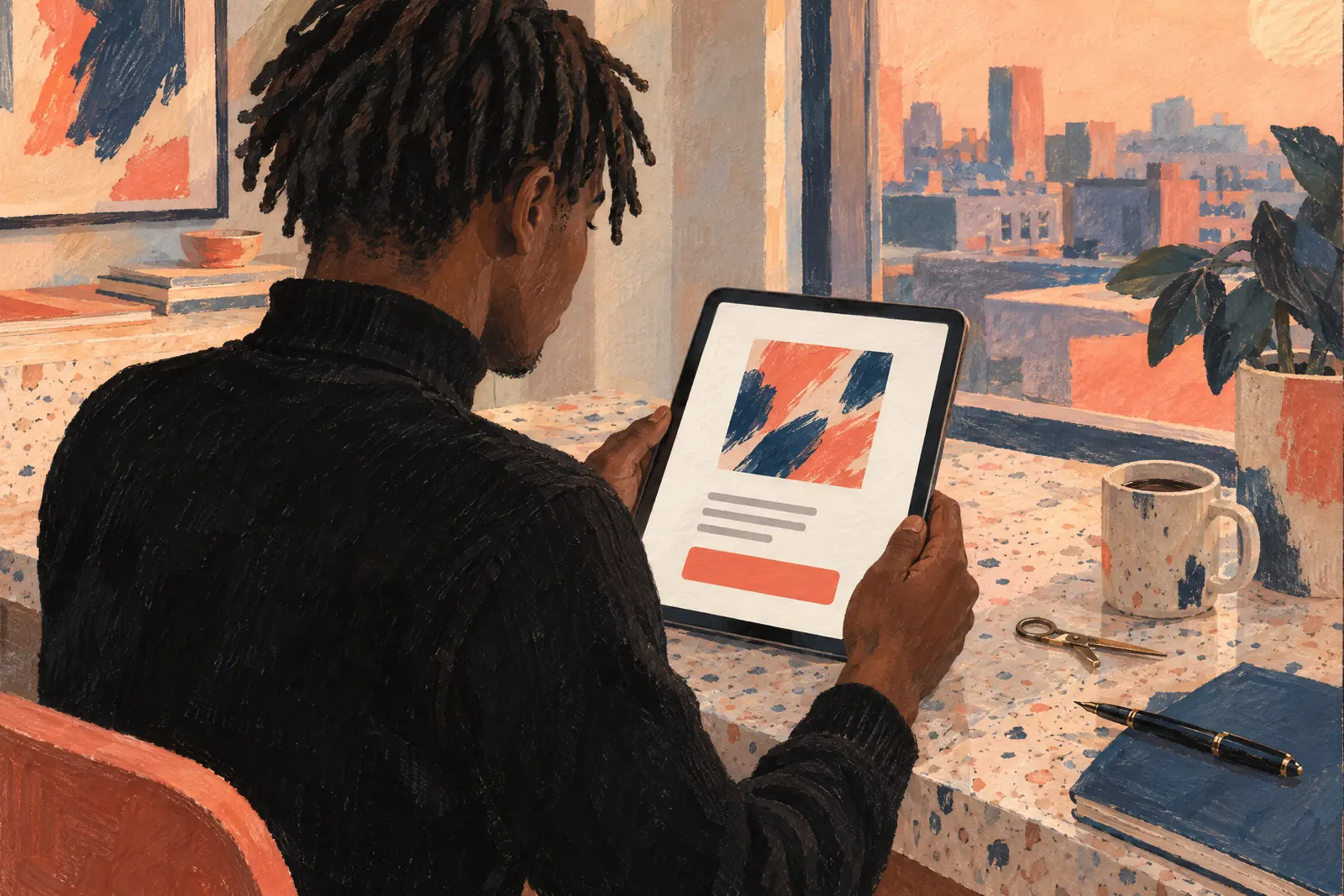 A young man with short locs in a black turtleneck at a rooftop room looks at a screen showing a payment product for sale, with a pair of small scissors beside them.