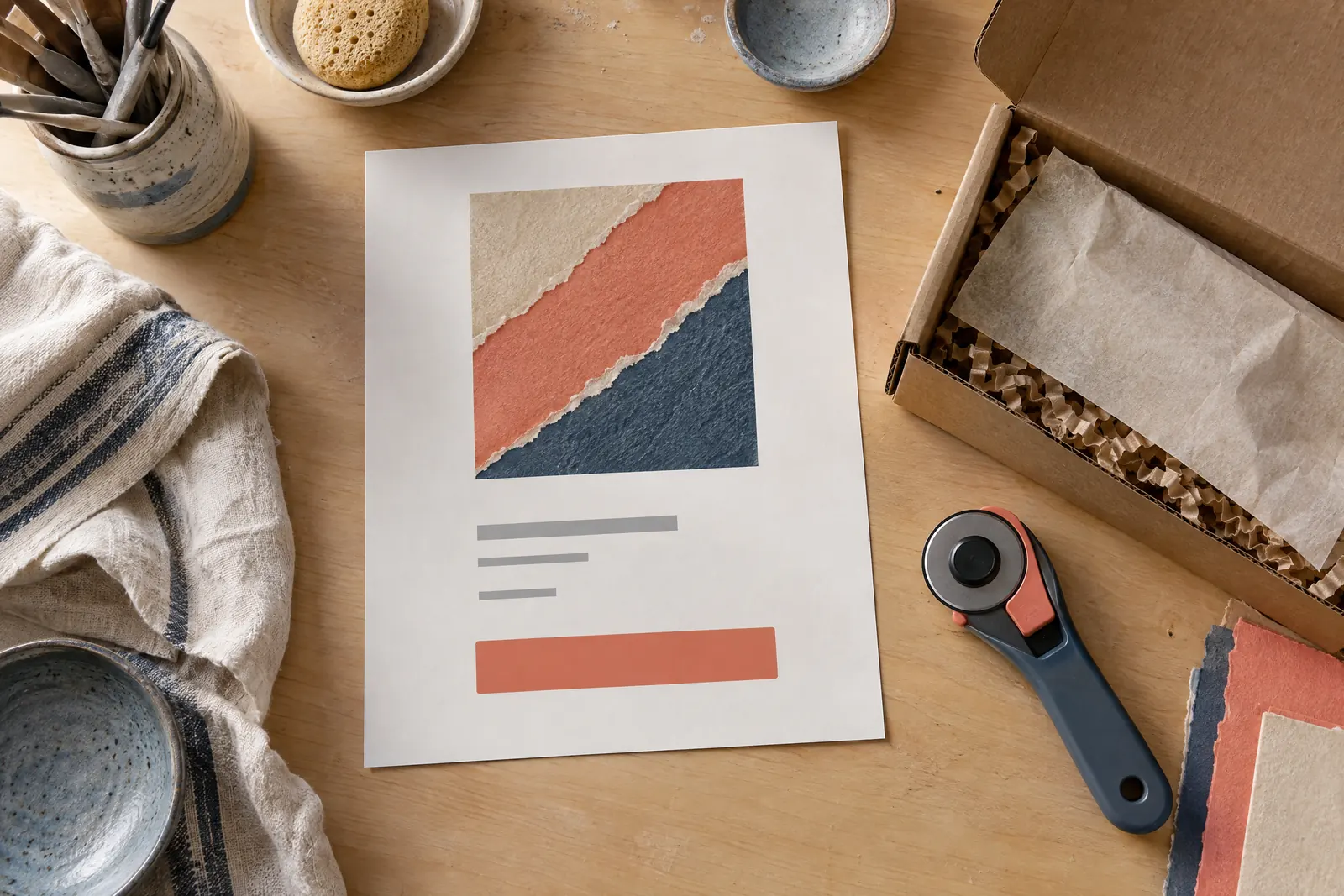A pottery shed still life of a delivery product arranged with a rotary cutter, in coral, sand, slate, and cream.