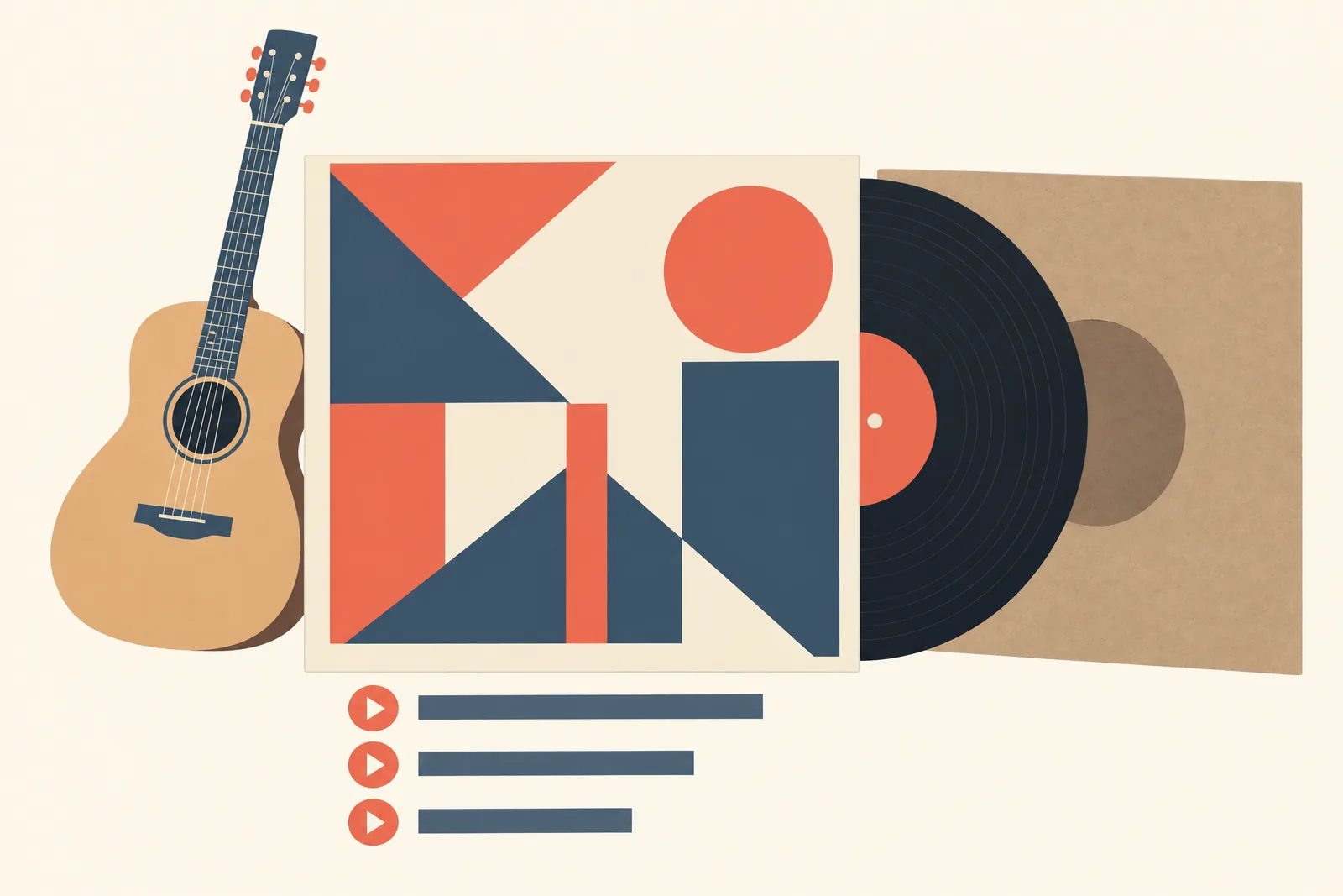 A map room still life of a music product arranged with a flat kraft sleeve, in coral, sand, slate, and cream.