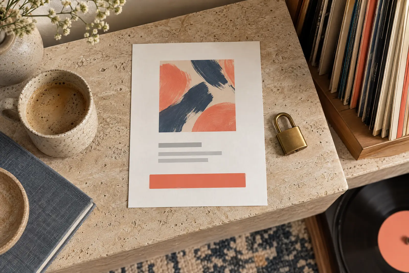 A record nook still life of a general product arranged with a small brass padlock, in coral, sand, slate, and cream.