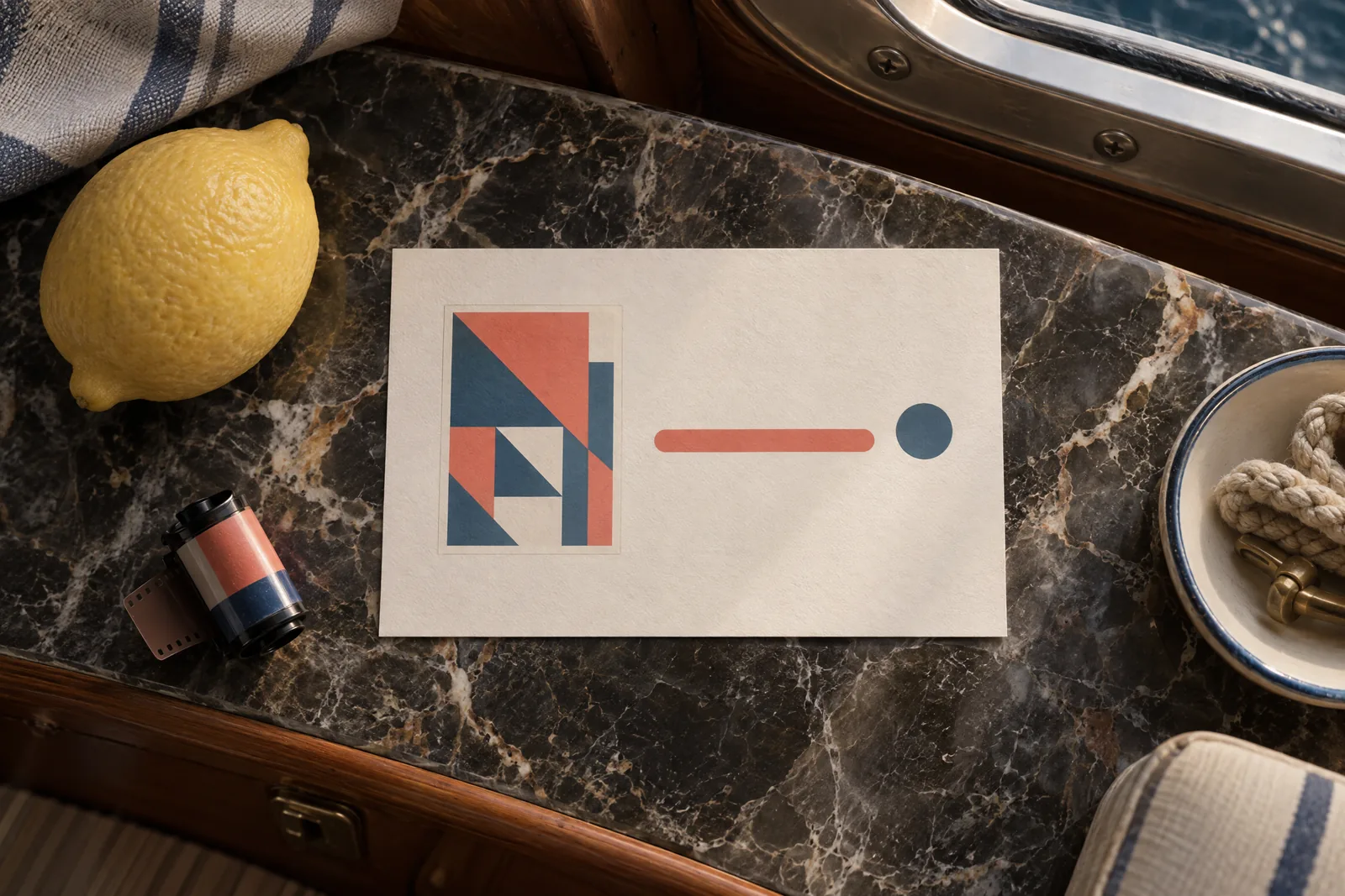A boat cabin still life of a video product arranged with a lemon, in coral, sand, slate, and cream.