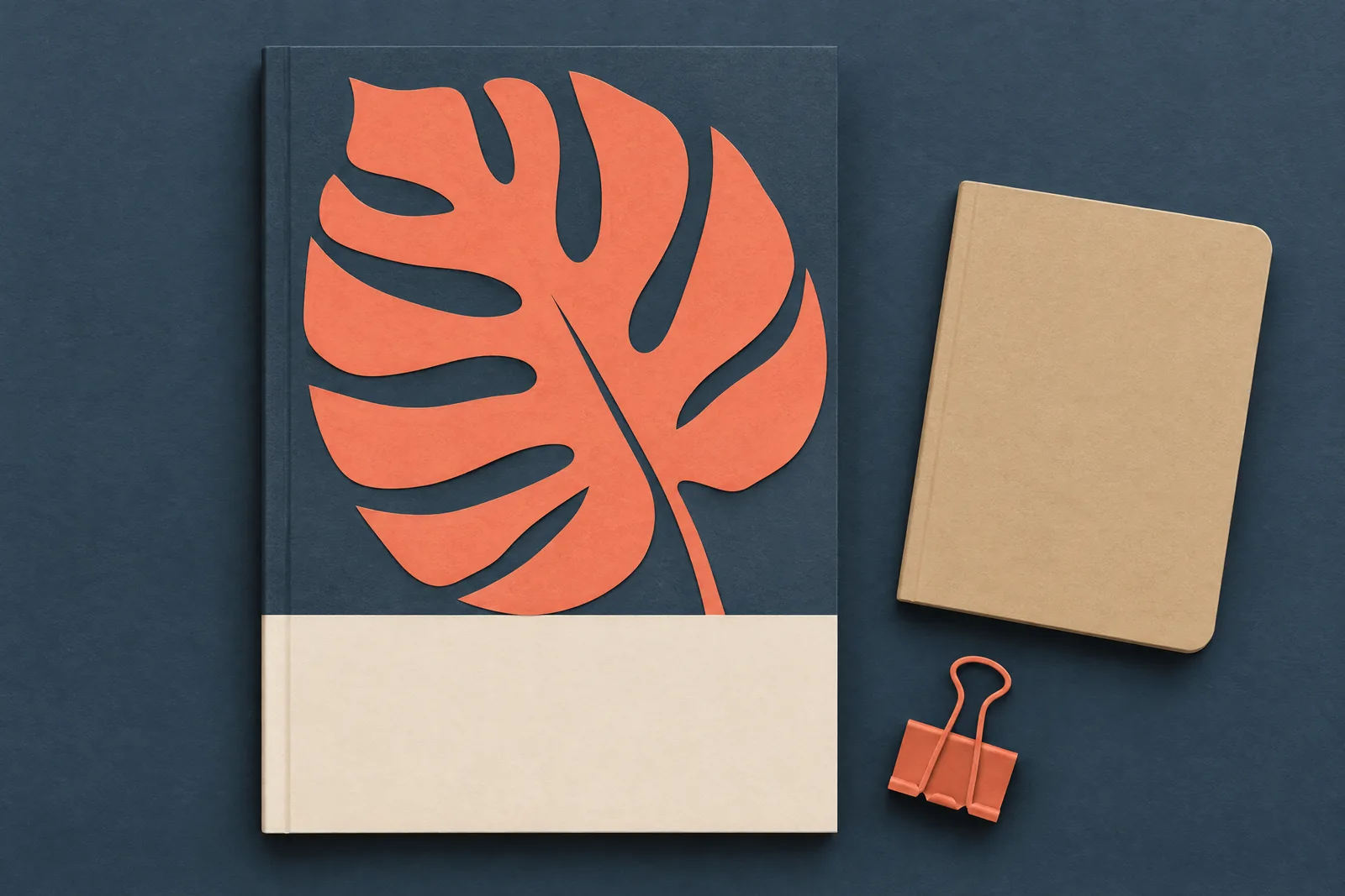 A cafe window still life of a ebook product arranged with a black binder clip, in coral, sand, slate, and cream.