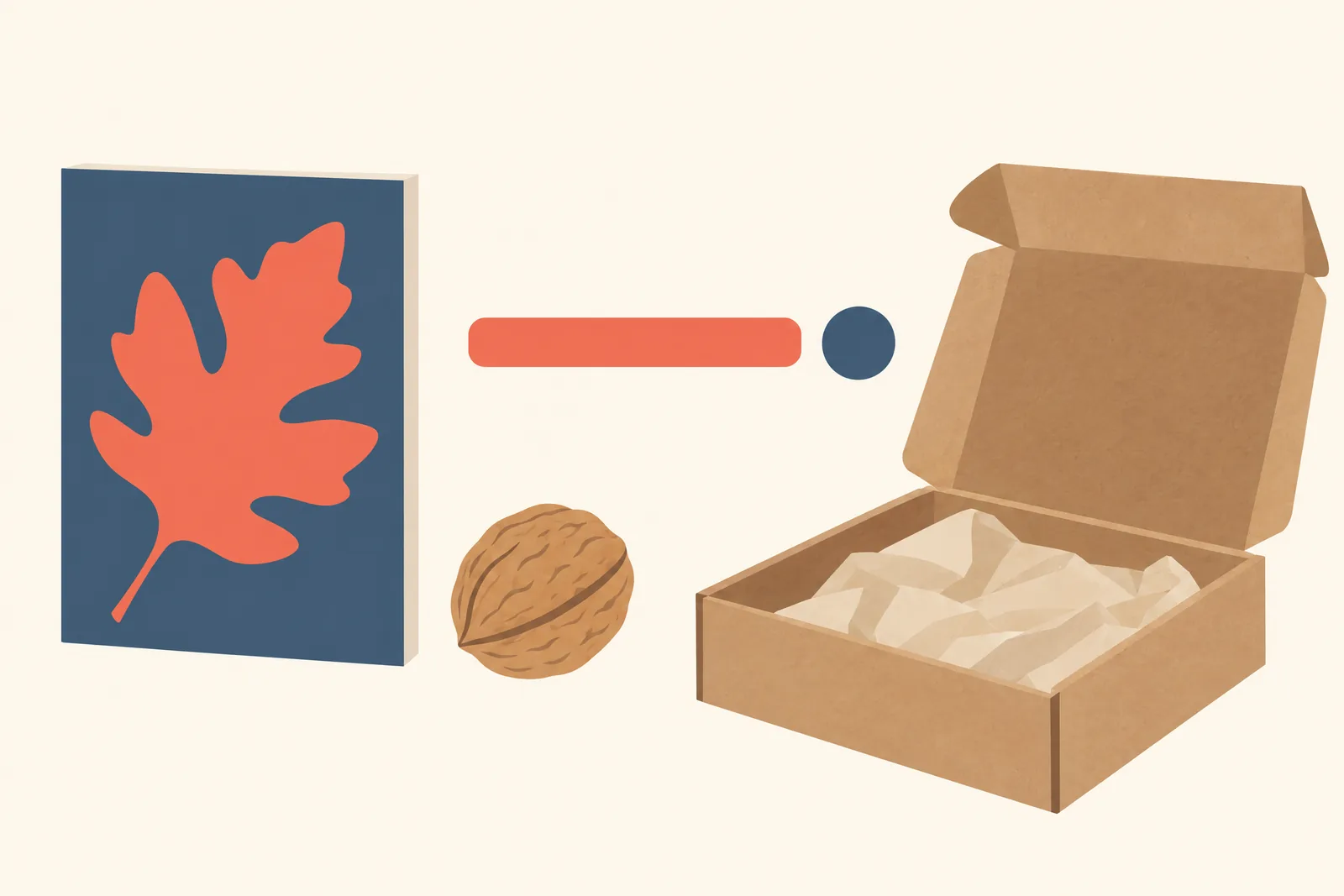A sunroom still life of a delivery product arranged with a walnut, in coral, sand, slate, and cream.