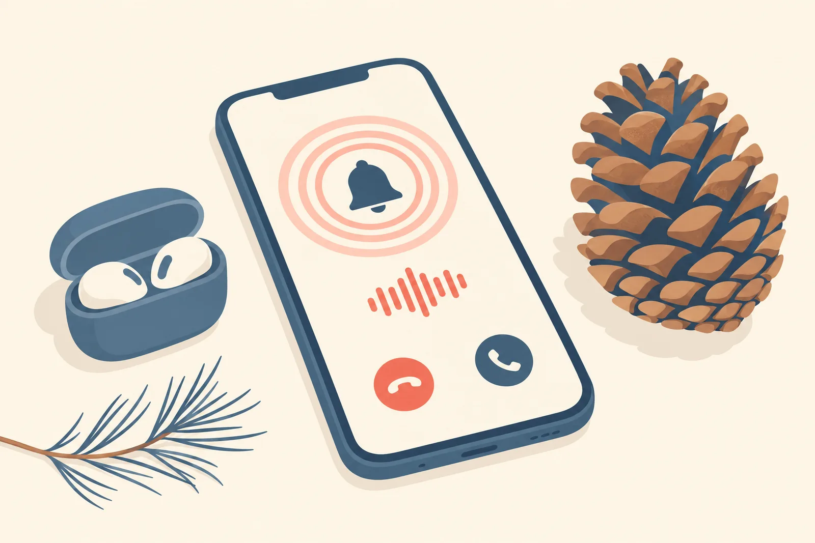 A studio apartment still life of a ringtone product arranged with a pinecone, in coral, sand, slate, and cream.