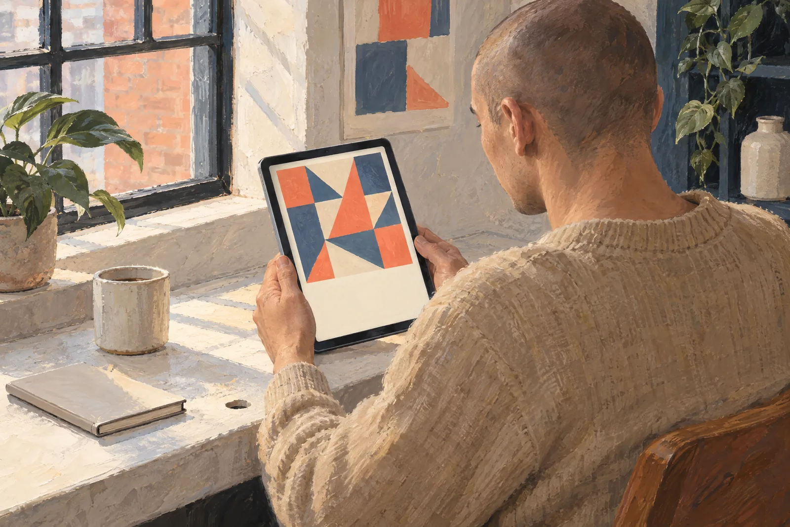 A man in his twenties with a shaved head in a sand cardigan at a loft corner looks at a screen showing a ebook product for sale, with a hole punch beside them.