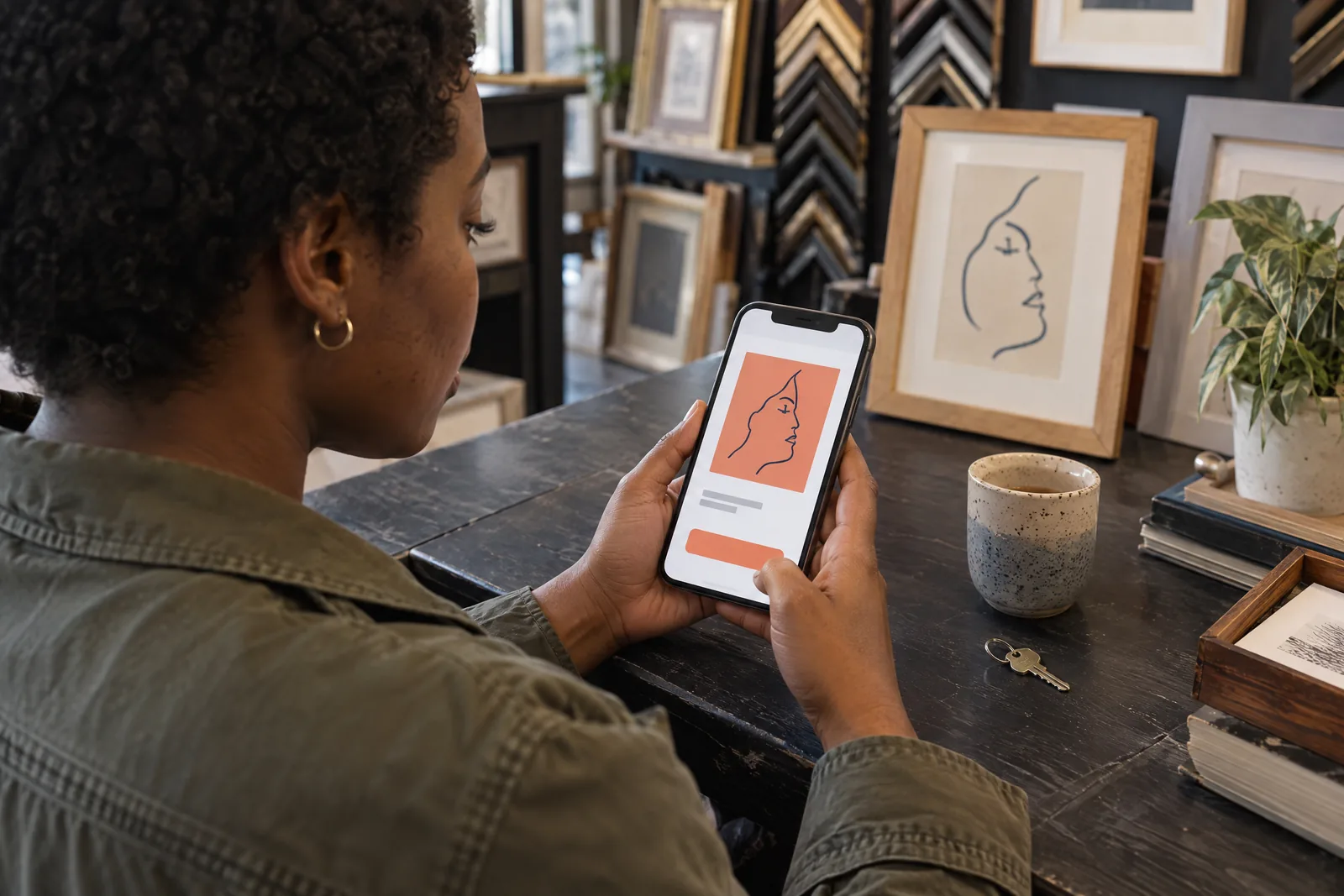 A black woman in her twenties with short natural hair in a olive field jacket at a frame shop looks at a screen showing a general product for sale, with a house key beside them.