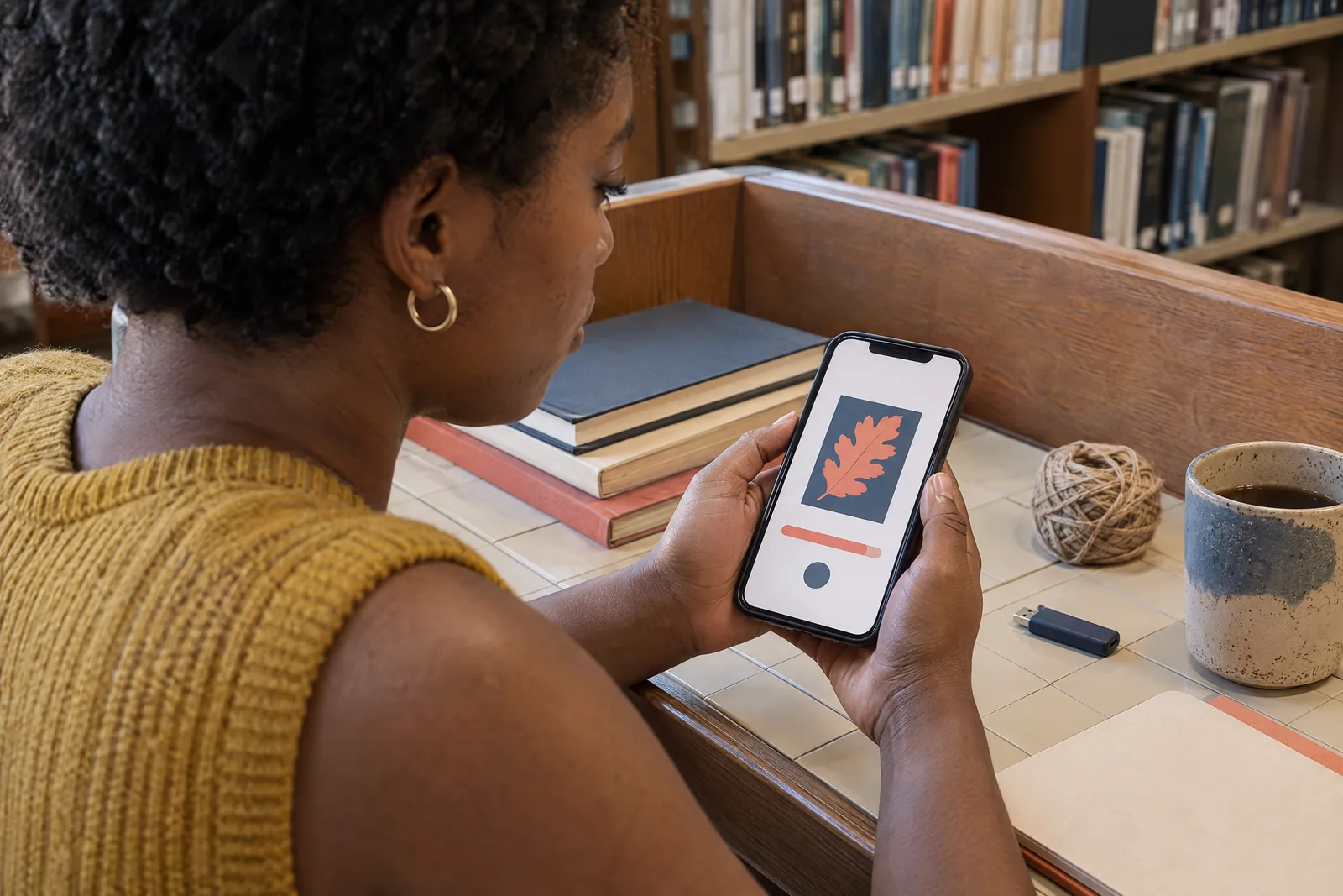 A black woman in her twenties with short natural hair in a mustard knit vest at a library carrel looks at a screen showing a software product for sale, with a ball of twine beside them.