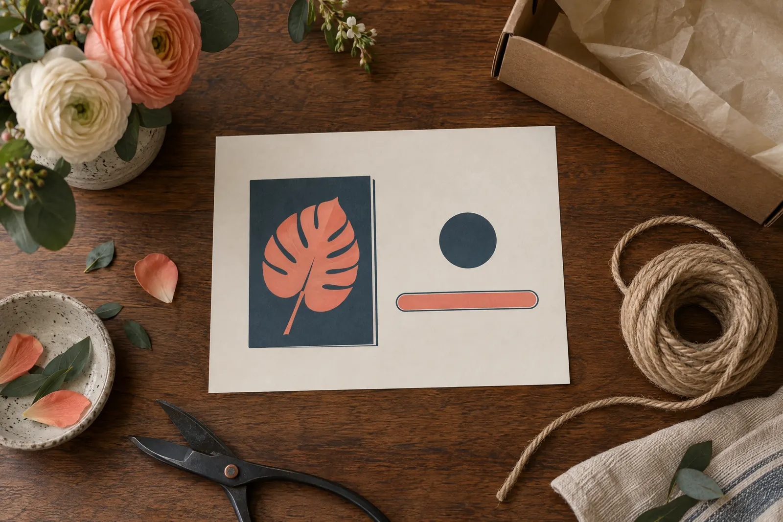 A flower workroom still life of a delivery product arranged with a coil of natural rope, in coral, sand, slate, and cream.