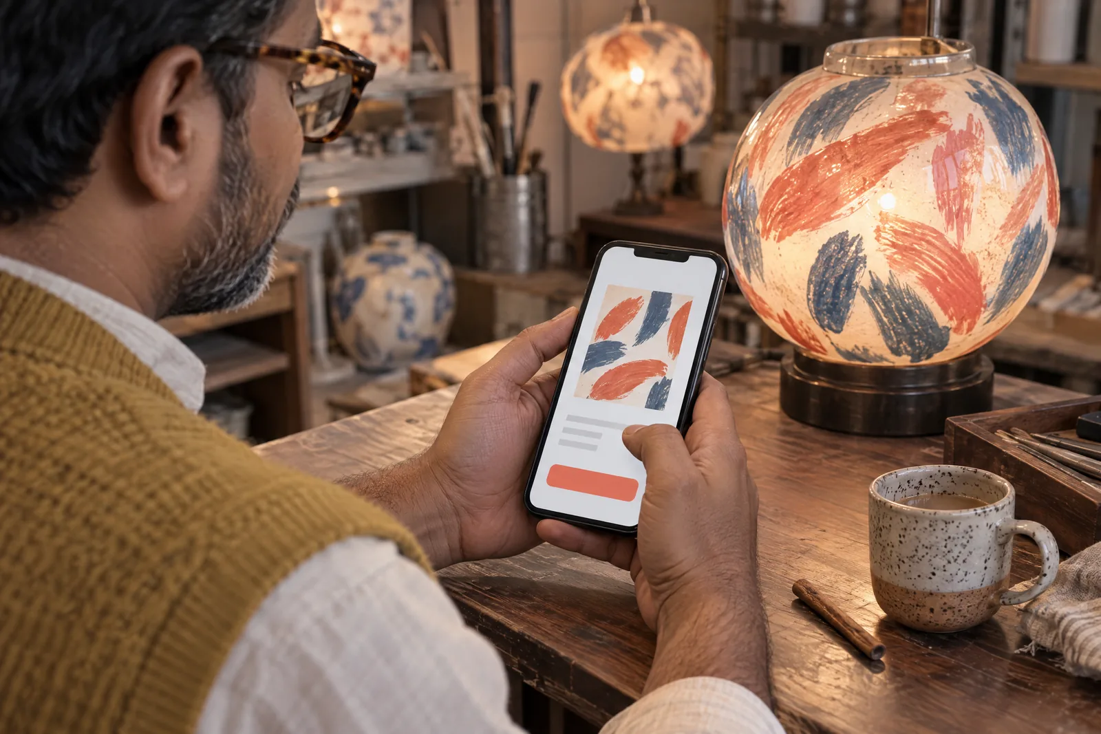 A south asian man in his forties with tortoiseshell glasses in a mustard knit vest at a lamp workshop looks at a screen showing a general product for sale, with a cinnamon stick beside them.