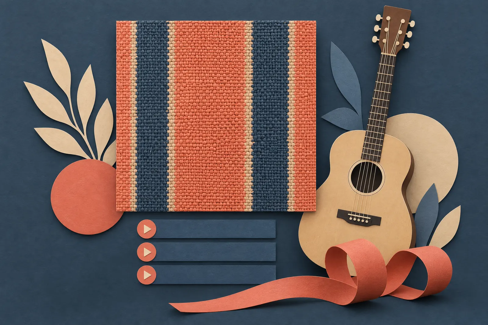 A editing bay still life of a music product arranged with a coiled coral ribbon, in coral, sand, slate, and cream.