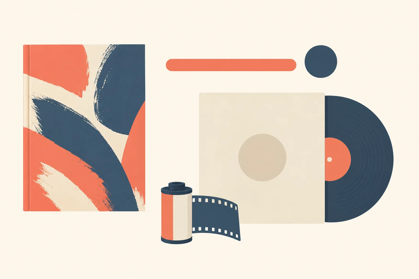 A guest room still life of a video product arranged with a blank vinyl sleeve, in coral, sand, slate, and cream.